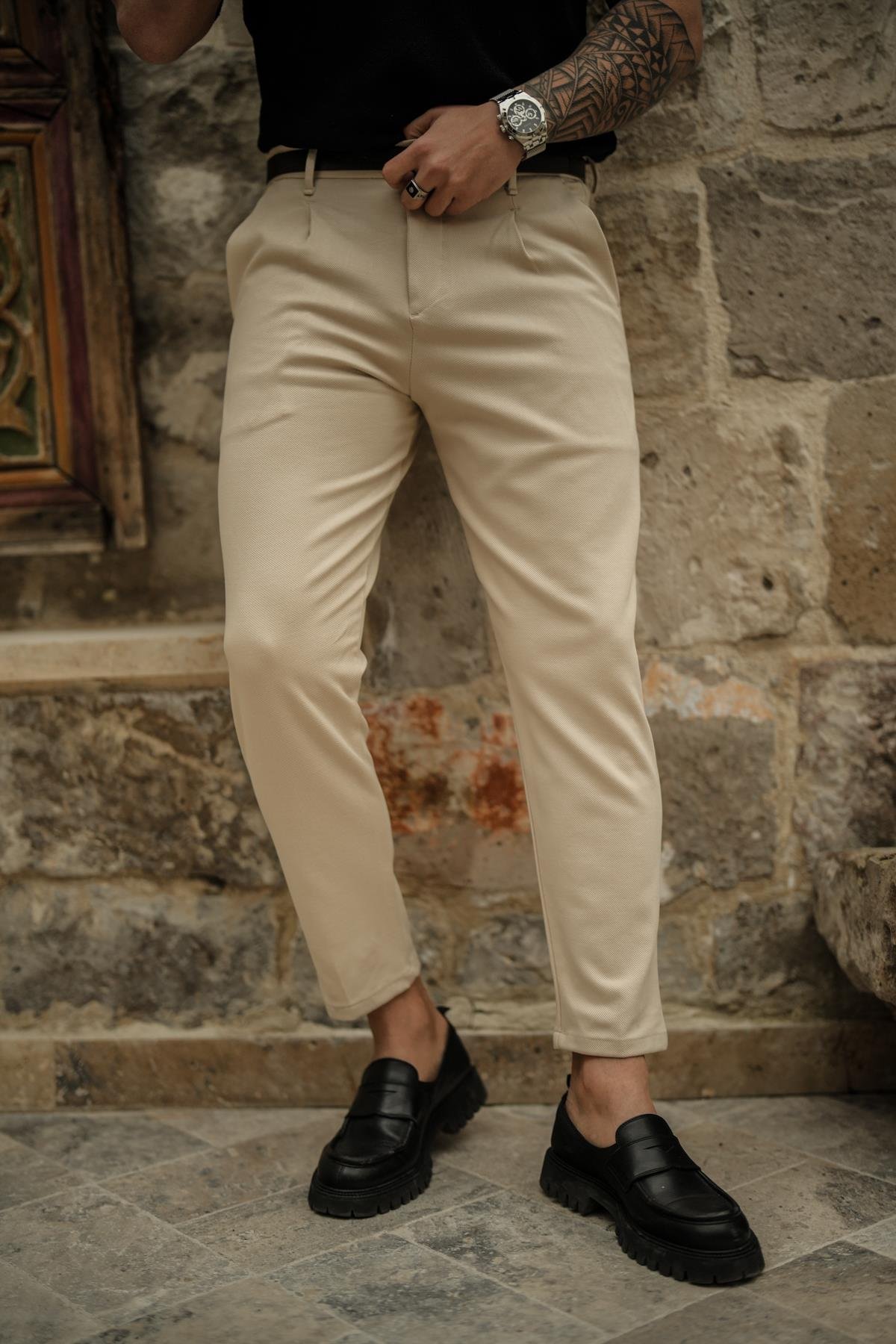 Düğmeli Kanvas Kalem Pantolon Krem