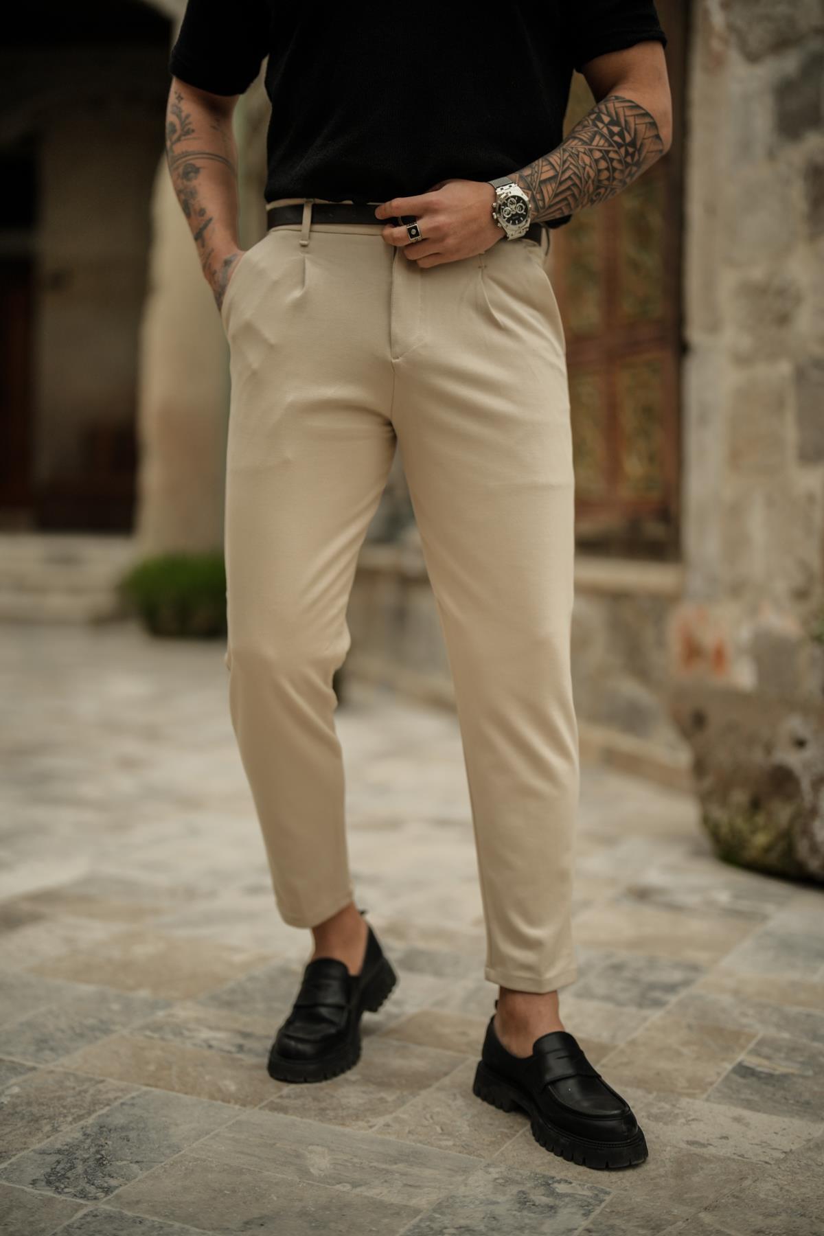 Düğmeli Kanvas Kalem Pantolon Krem