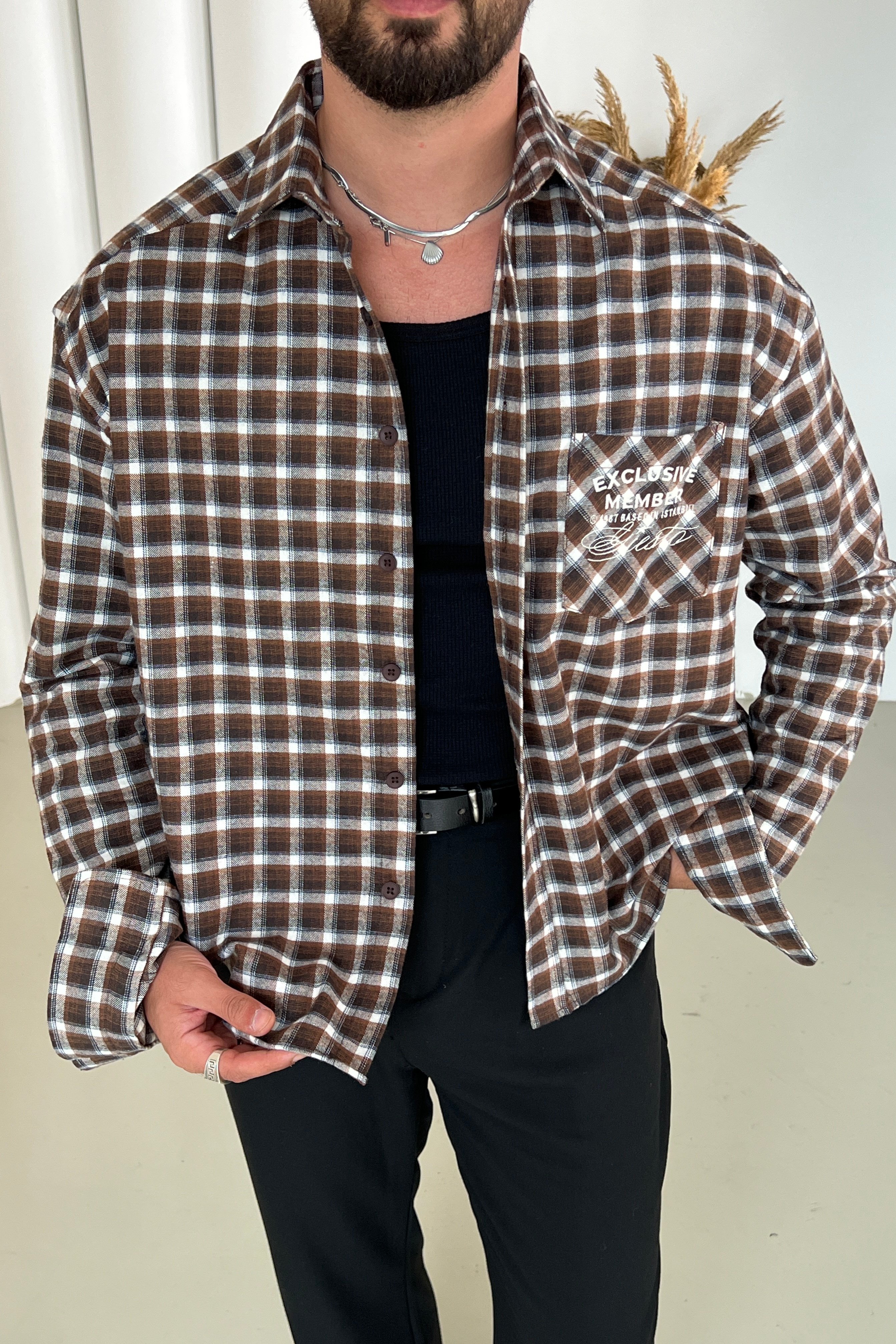 Exclusive Member Nakışlı Box Fit Oduncu Gömlek Kahve