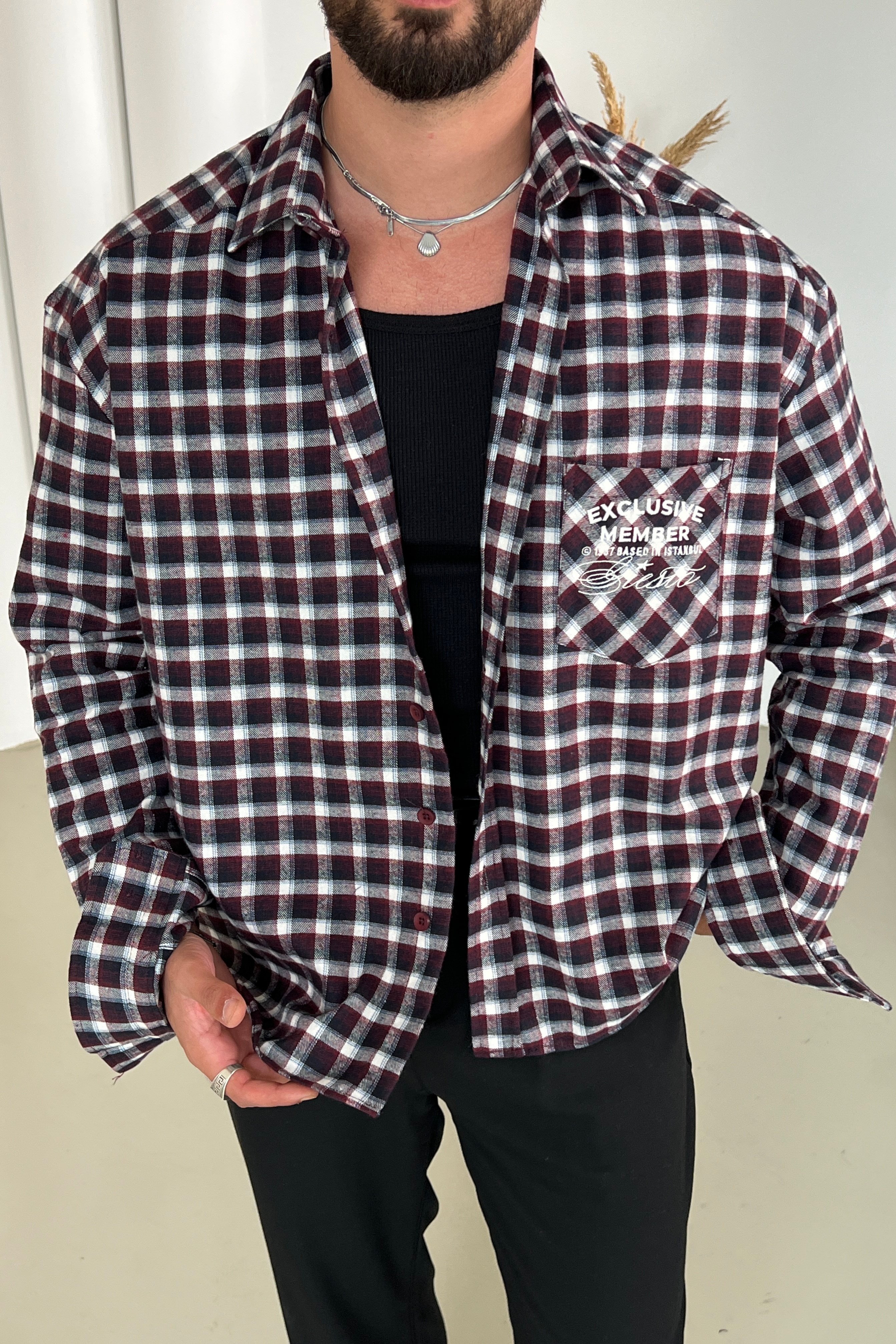 Exclusive Member Nakışlı Box Fit Oduncu Gömlek Bordo