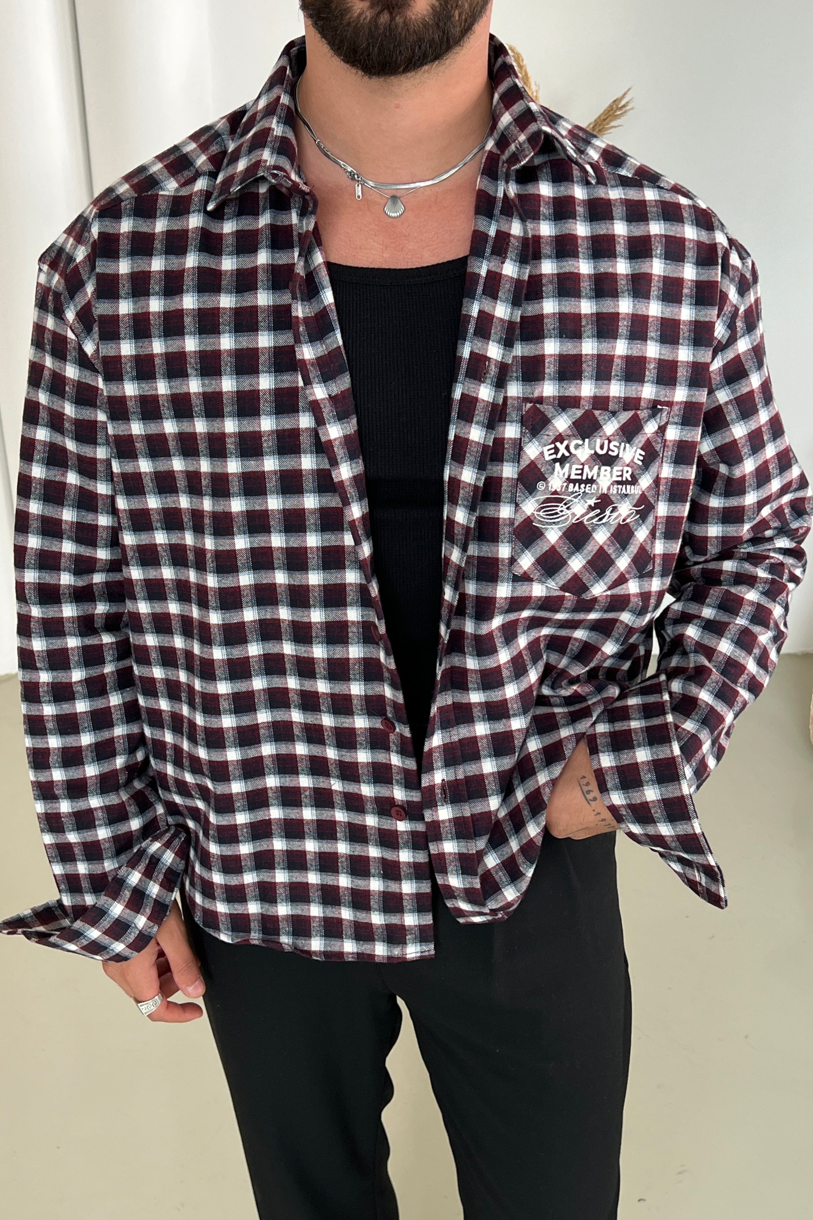 Exclusive Member Nakışlı Box Fit Oduncu Gömlek Bordo