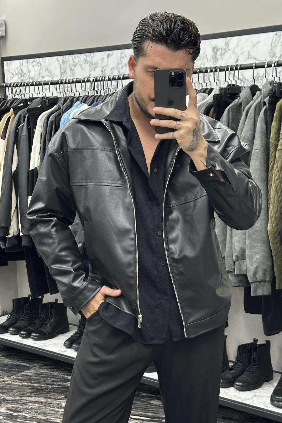 Fermuarlı Basic Bol Deri Ceket Siyah