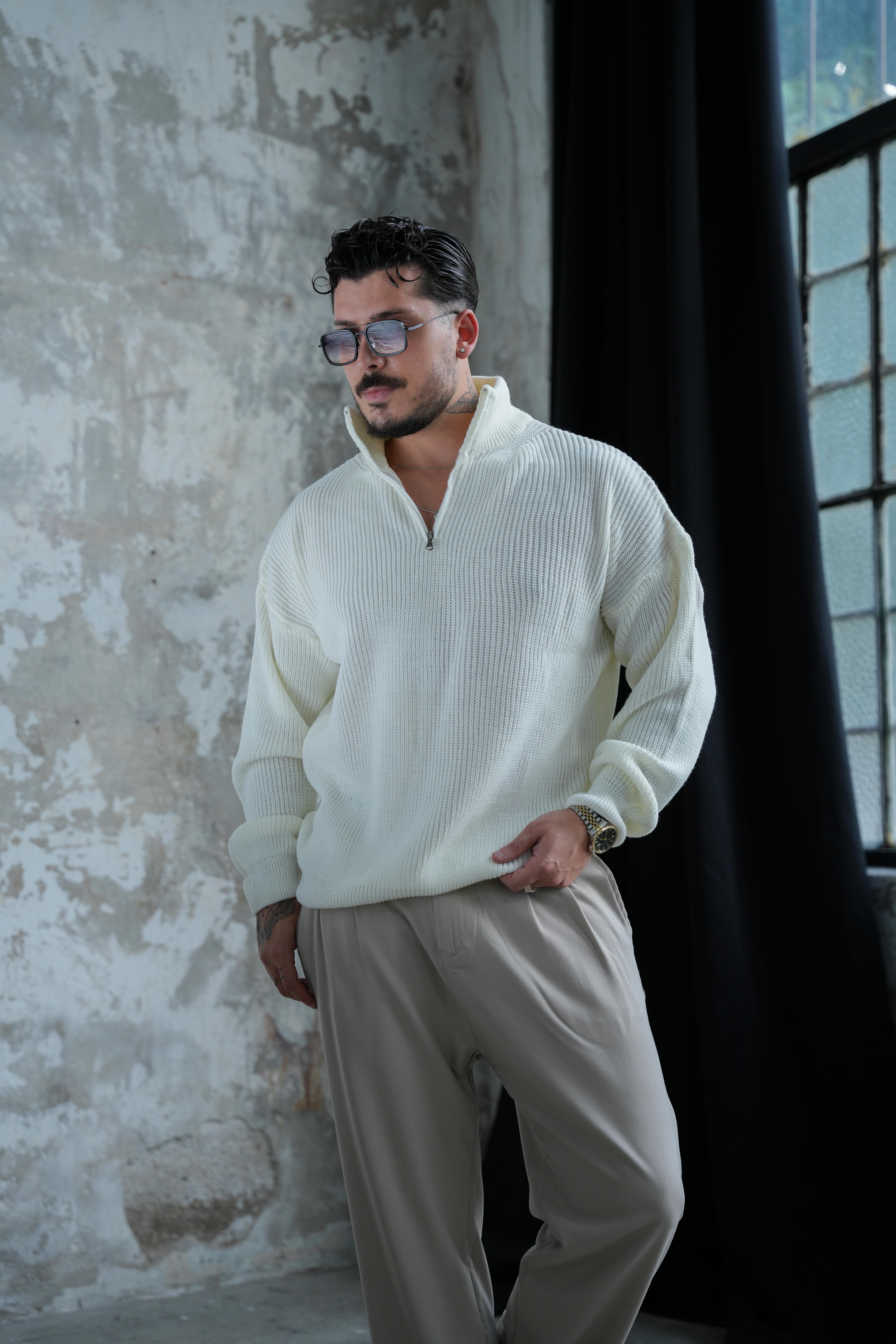 Fermuarlı Kazak Beyaz