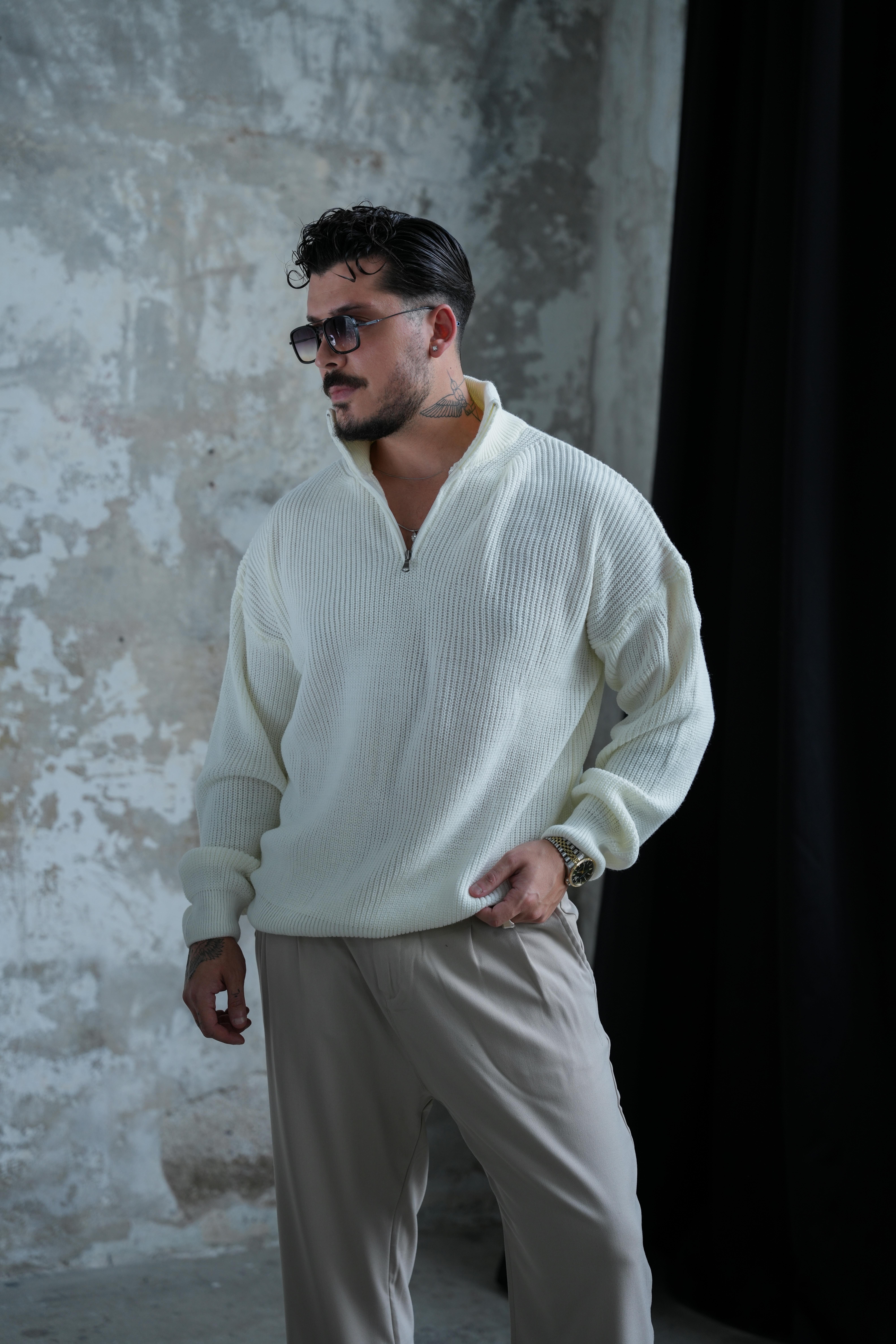 Fermuarlı Kazak Beyaz