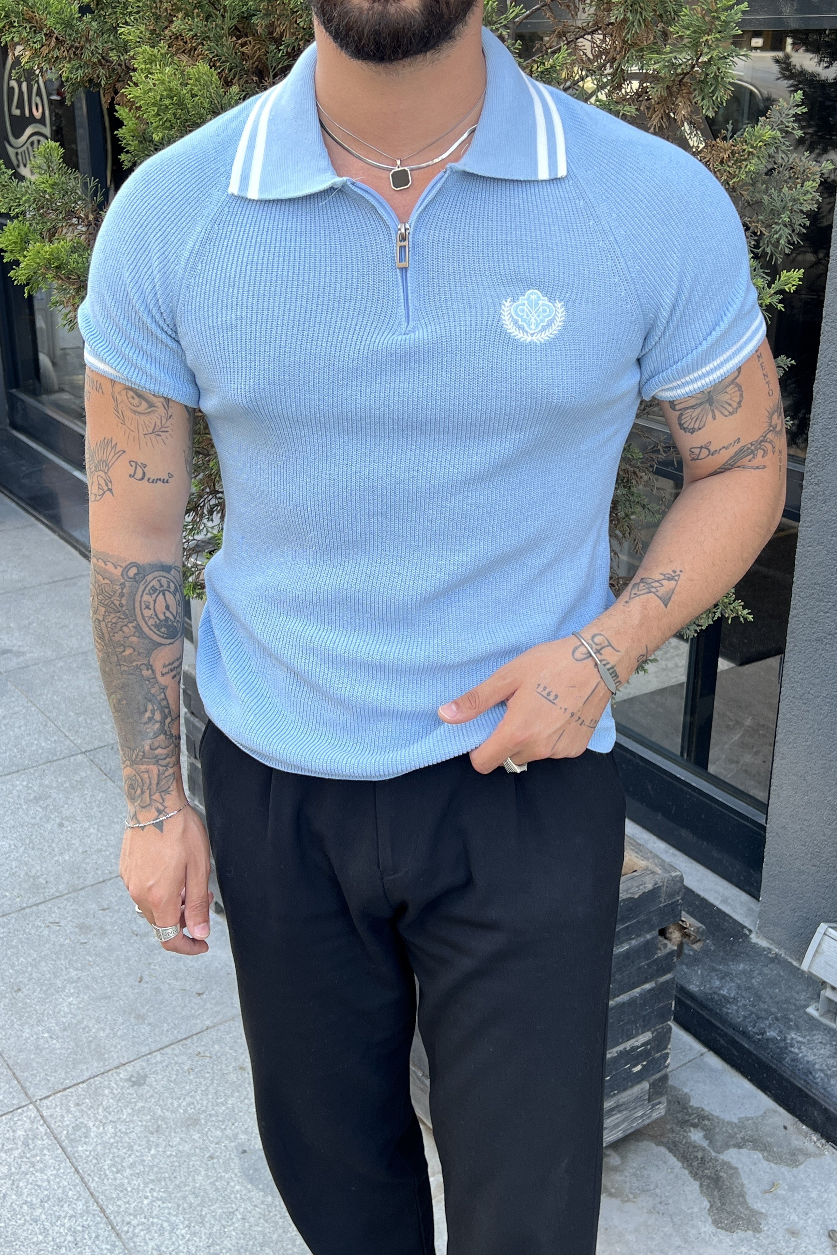 Fermuarlı Polo Nakışlı Triko Tshirt Mavi
