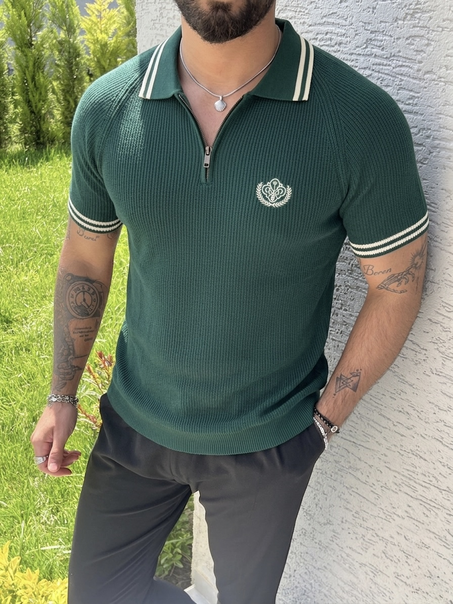 Fermuarlı Polo Nakışlı Triko Tshirt Yeşil