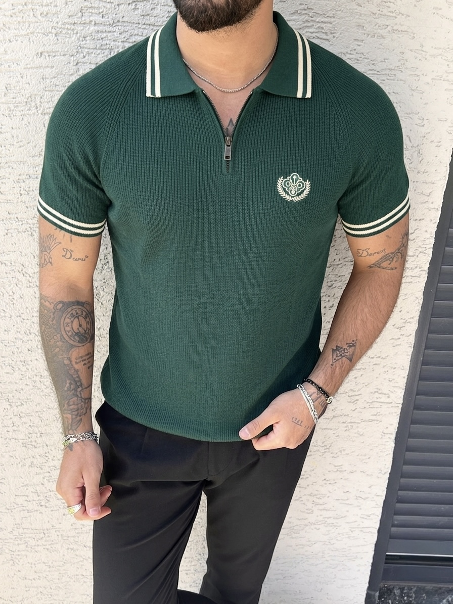 Fermuarlı Polo Nakışlı Triko Tshirt Yeşil