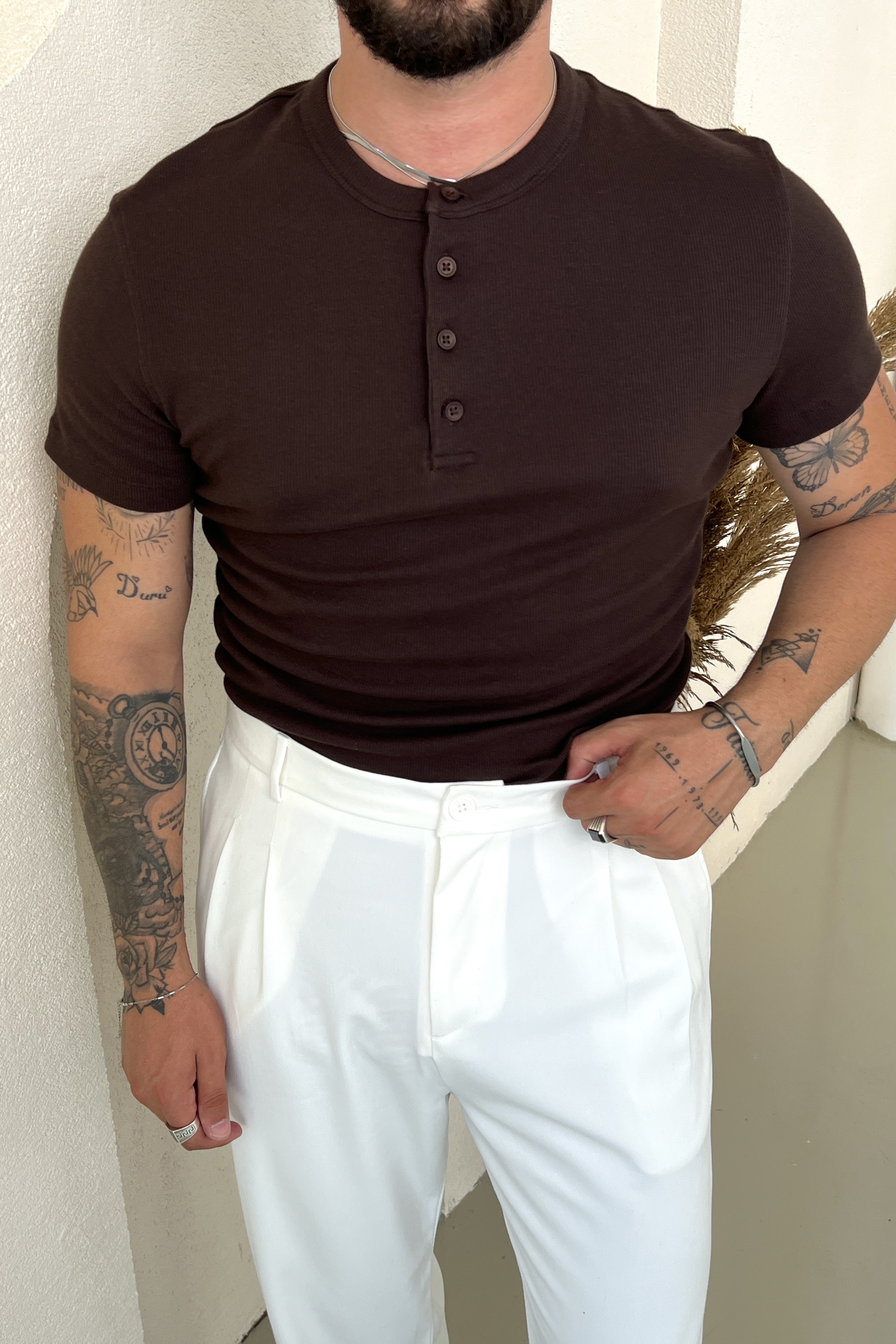 Fit Düğmeli Ribana Tshirt Kahve