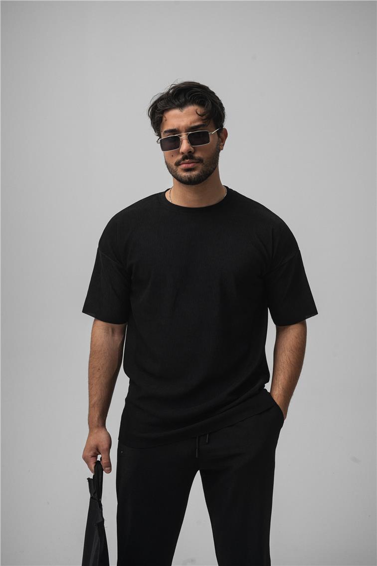 Fitilli Oversize T-Shirt Siyah