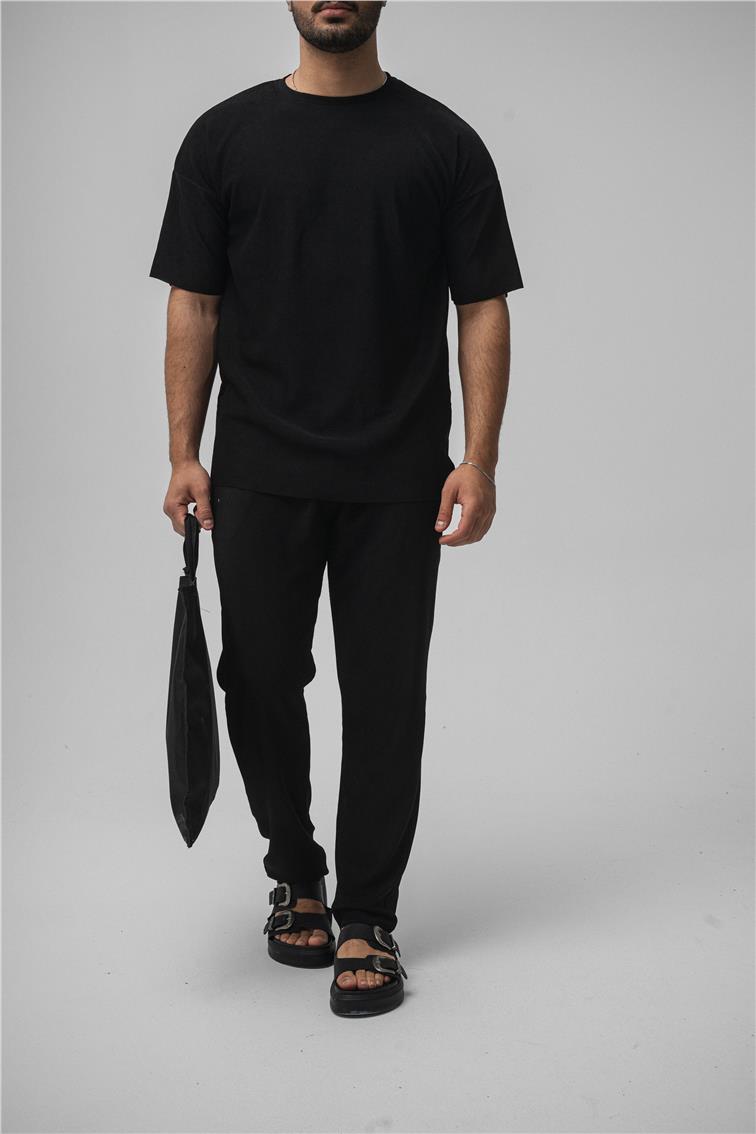 Fitilli Oversize T-Shirt Siyah