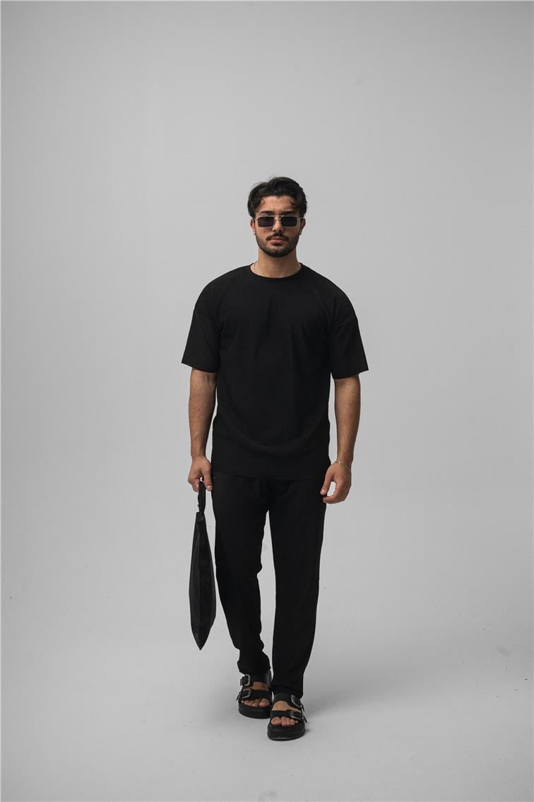 Fitilli Oversize T-Shirt Siyah