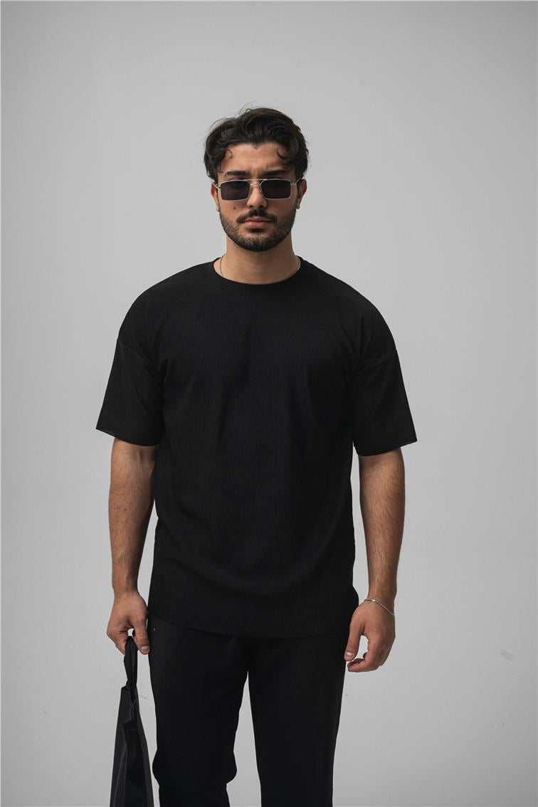 Fitilli Oversize T-Shirt Siyah