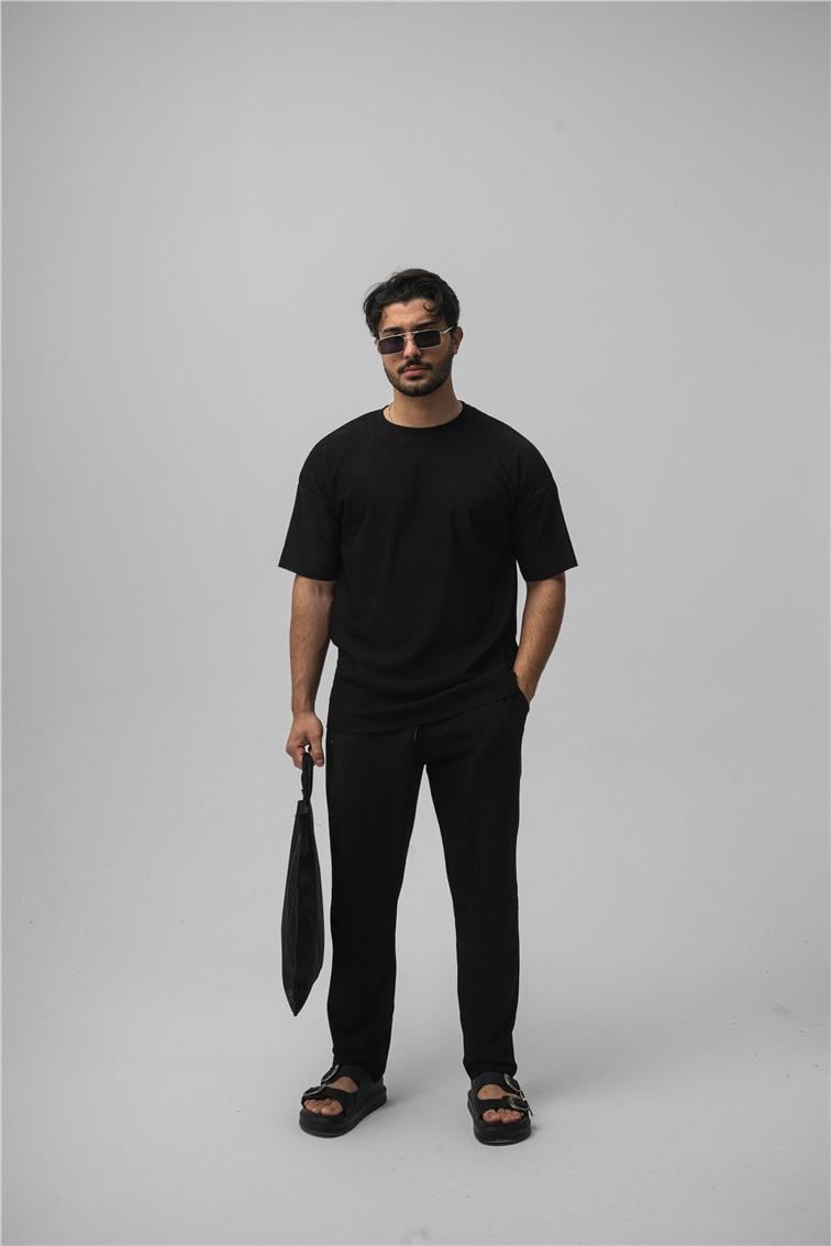 Fitilli Oversize T-Shirt Siyah