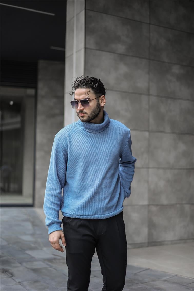 Geniş Ribanalı Oversize Boğazlı Kazak İndigo