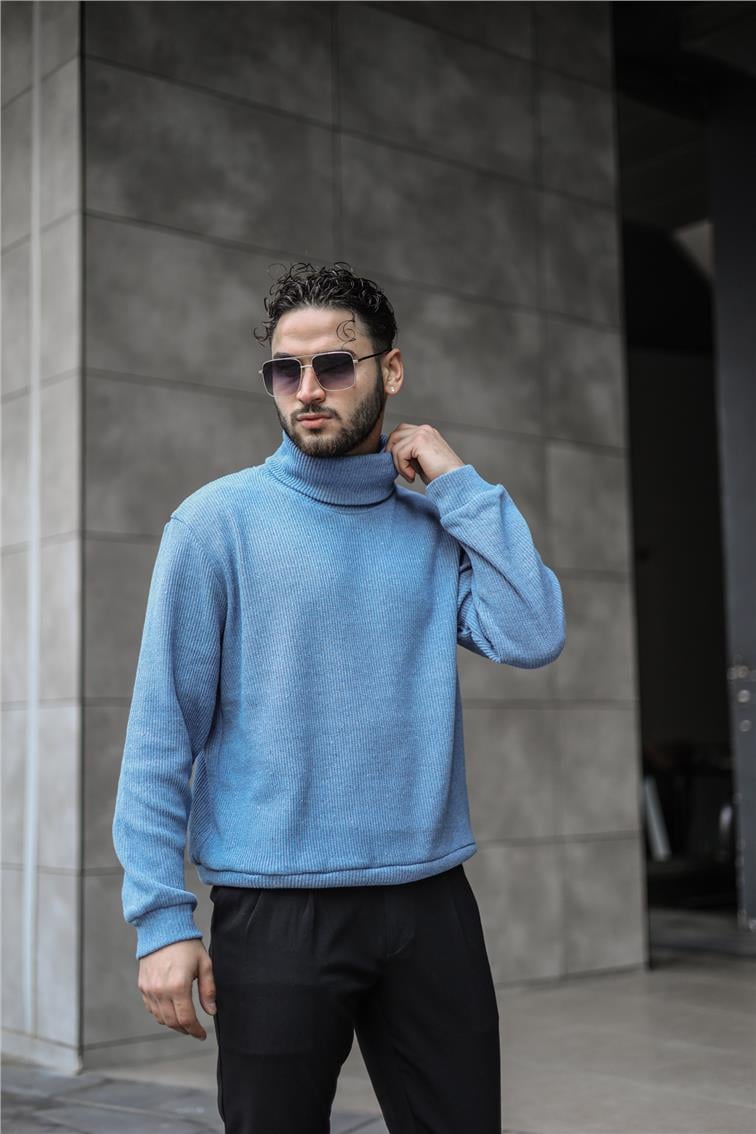 Geniş Ribanalı Oversize Boğazlı Kazak İndigo