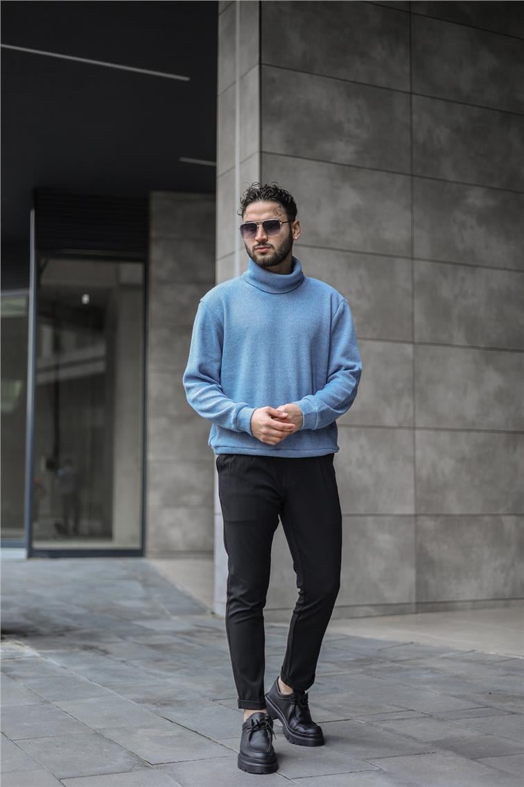 Geniş Ribanalı Oversize Boğazlı Kazak İndigo