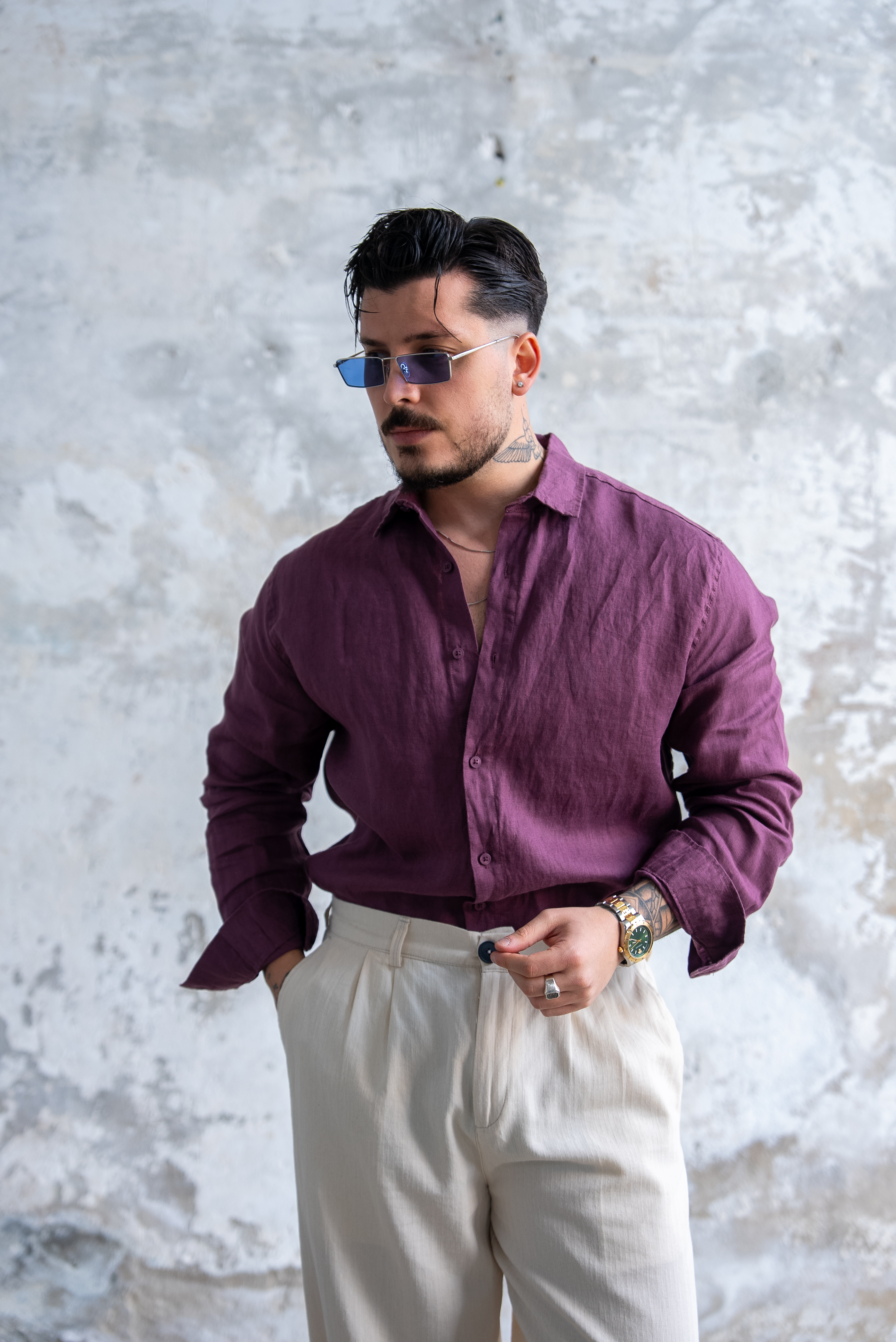 Ham Keten Oversize Gömlek Bordo