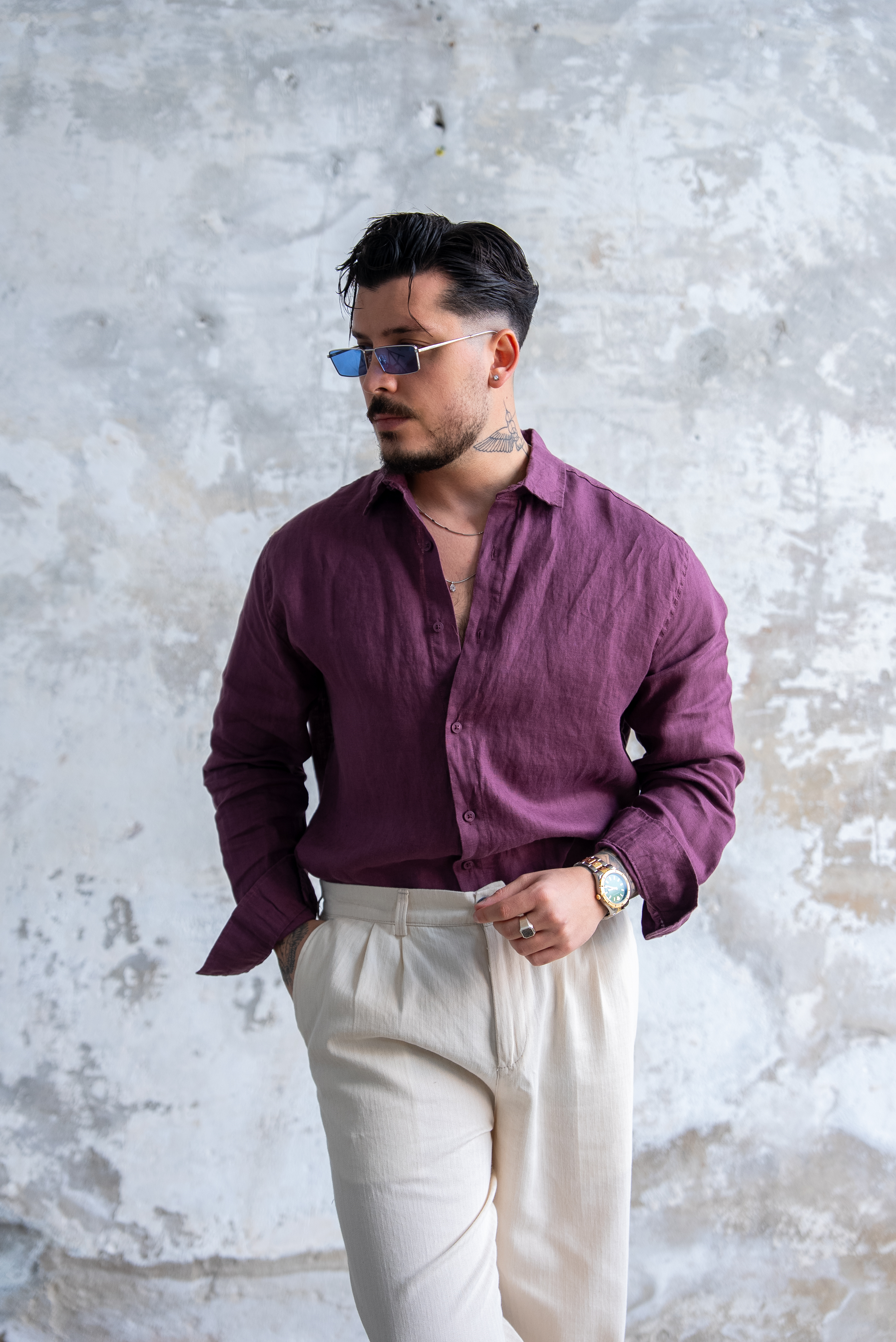 Ham Keten Oversize Gömlek Bordo