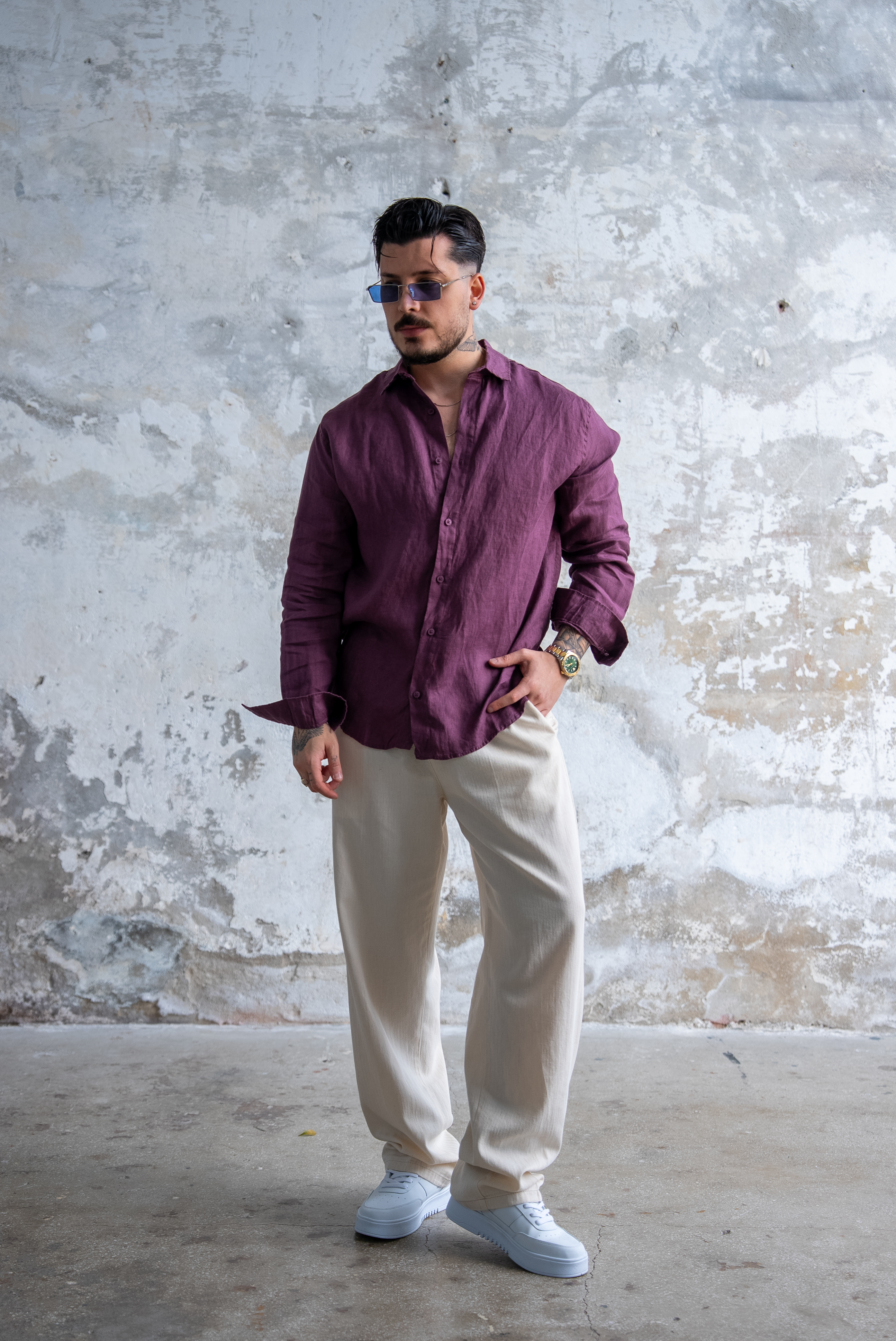 Ham Keten Oversize Gömlek Bordo