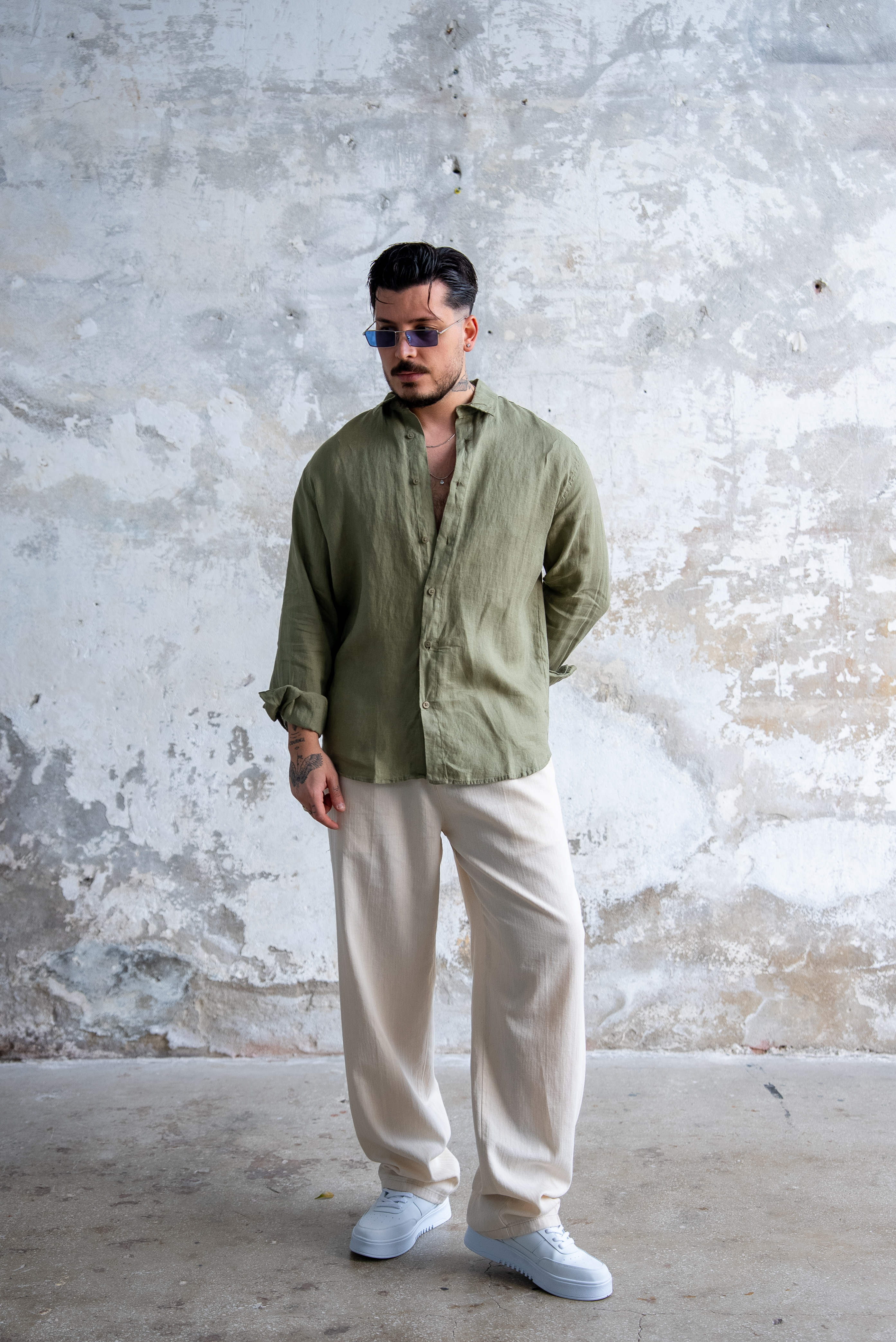 Ham Keten Oversize Gömlek Yeşil