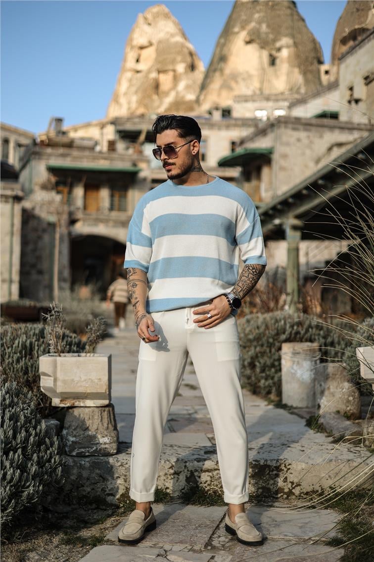 İki Renkli Örme Oversize T-Shirt Açık Mavi