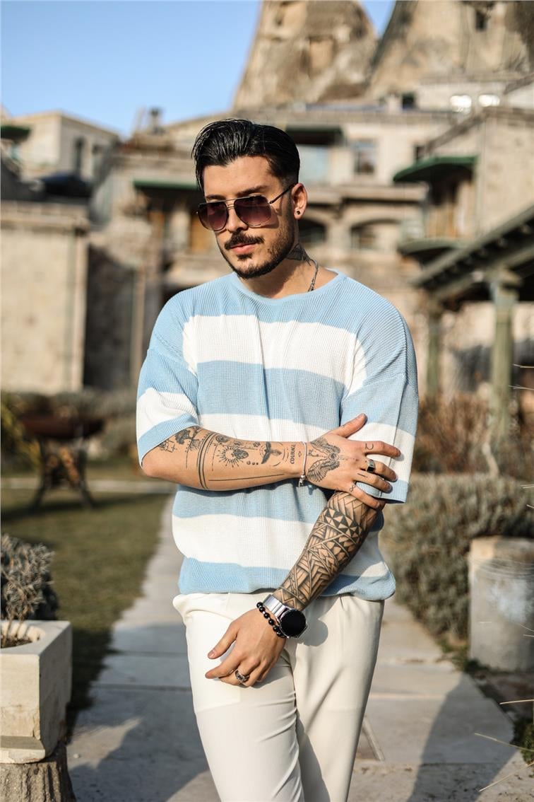 İki Renkli Örme Oversize T-Shirt Açık Mavi