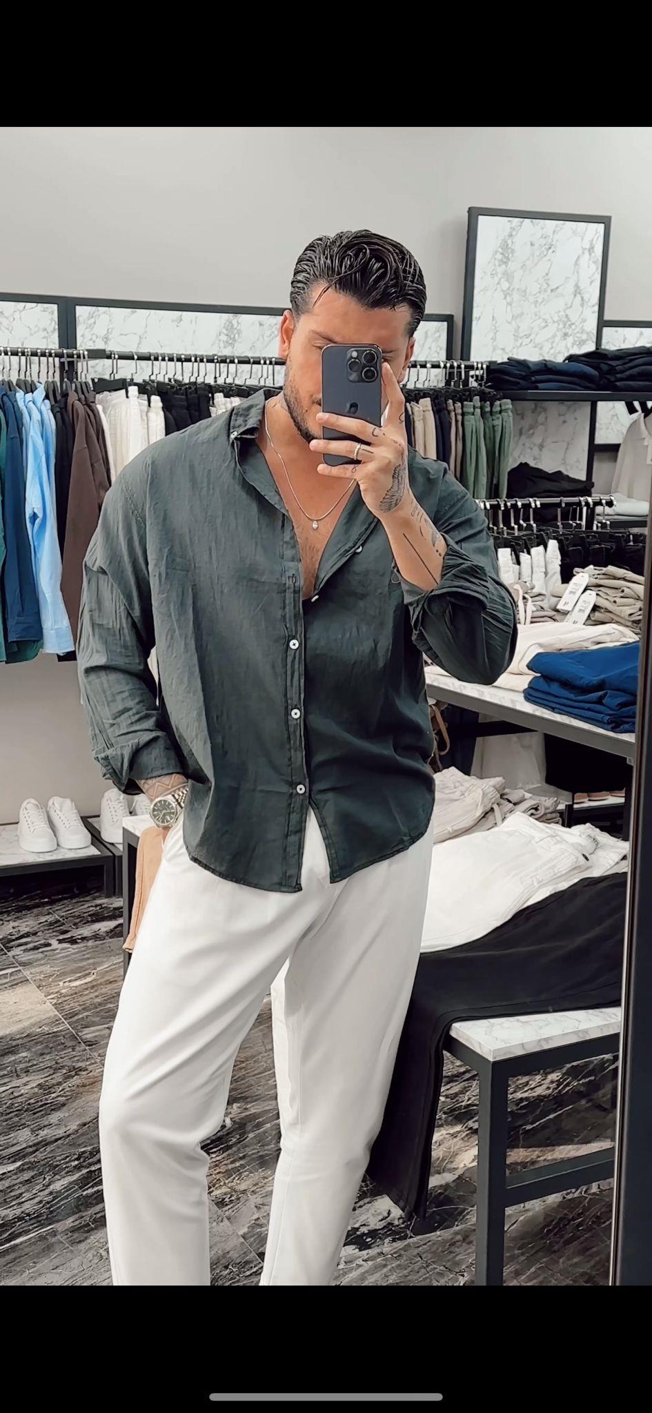 İnce Keten Beyaz Düğmeli Bol Gömlek Koyu Füme