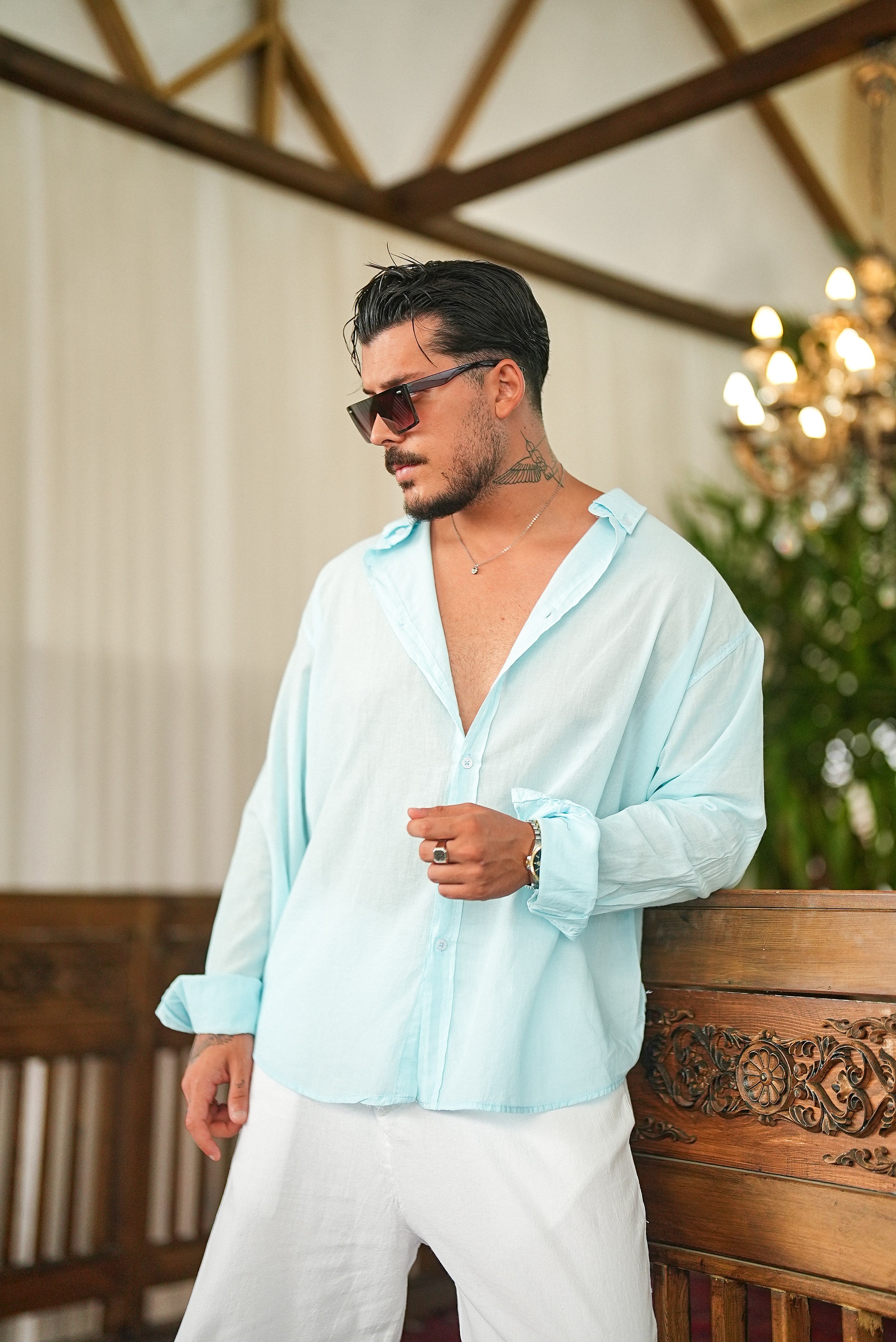 İnce Keten Oversize Gömlek Bebe Mavisi