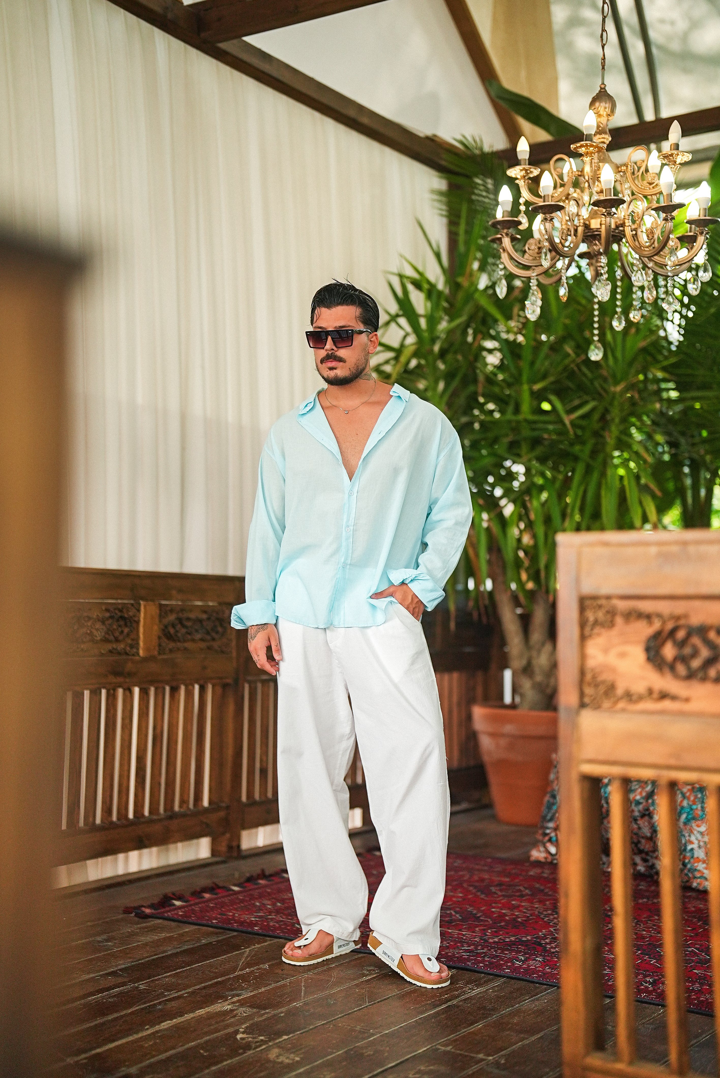 İnce Keten Oversize Gömlek Bebe Mavisi