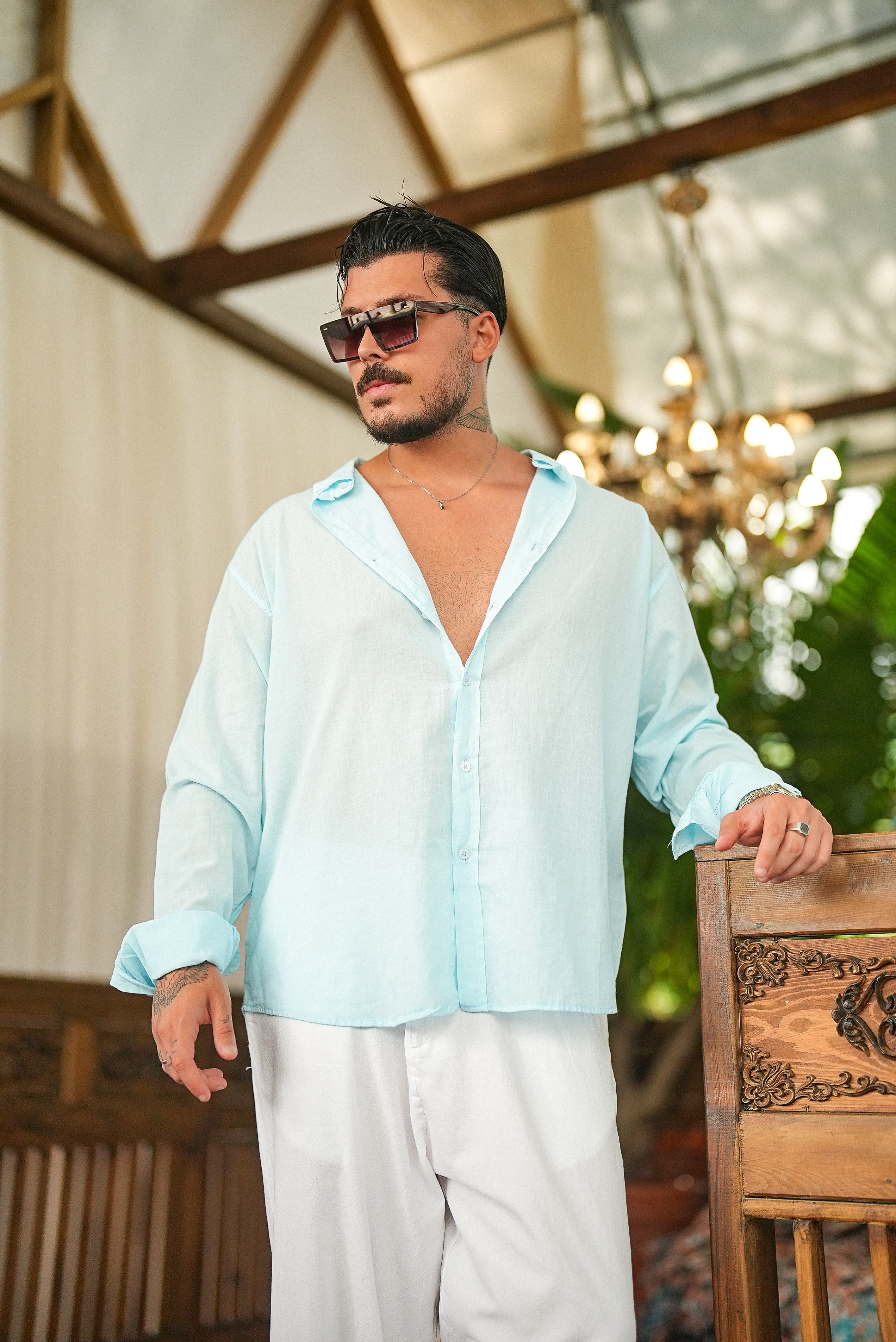 İnce Keten Oversize Gömlek Bebe Mavisi