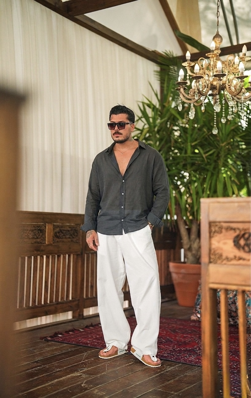 İnce Keten Oversize Gömlek Siyah