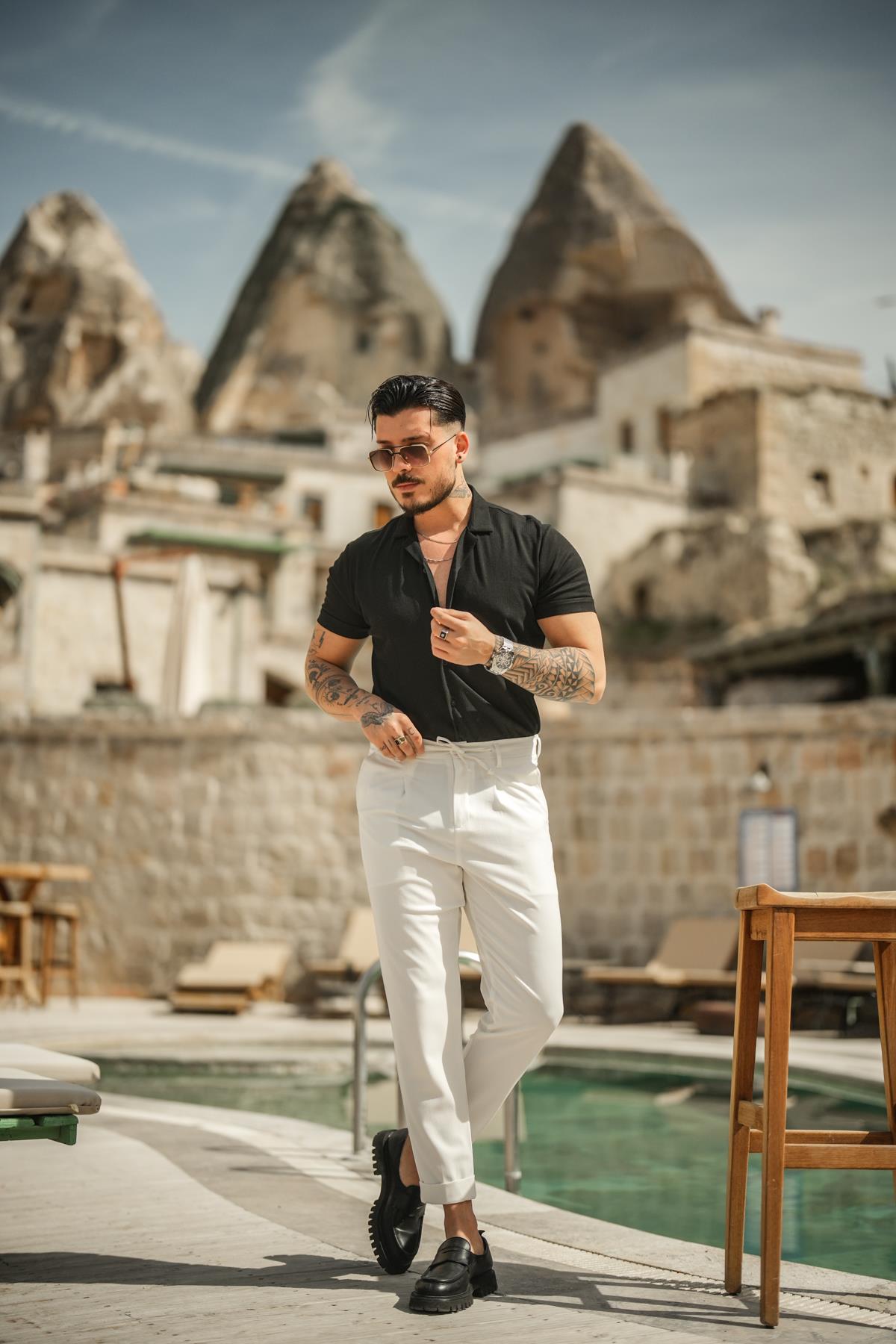 İnce Öremli Pamuklu Kısa Kol Gömlek Siyah