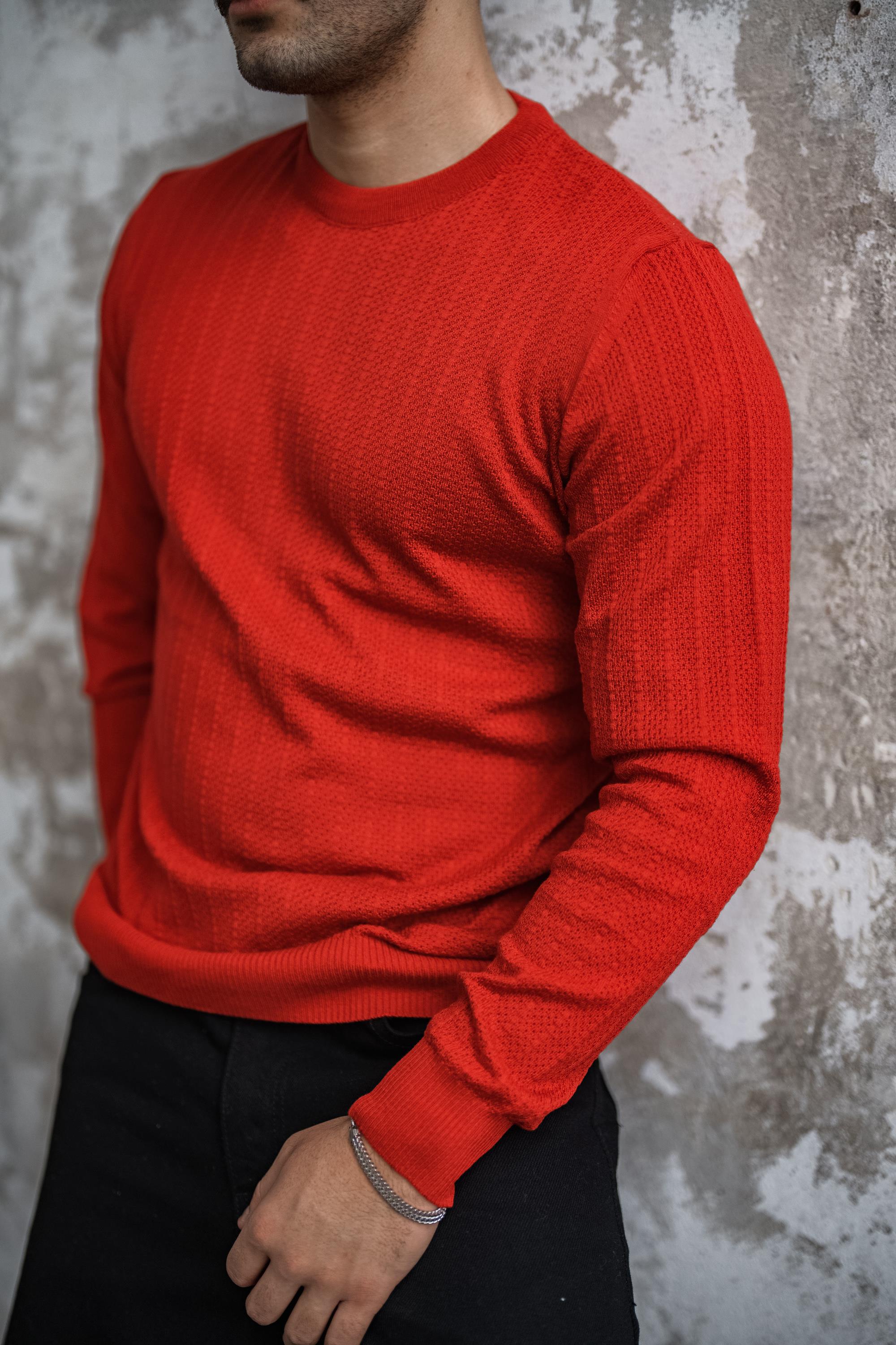 İşlemeli Basic Triko Kazak Kırmızı