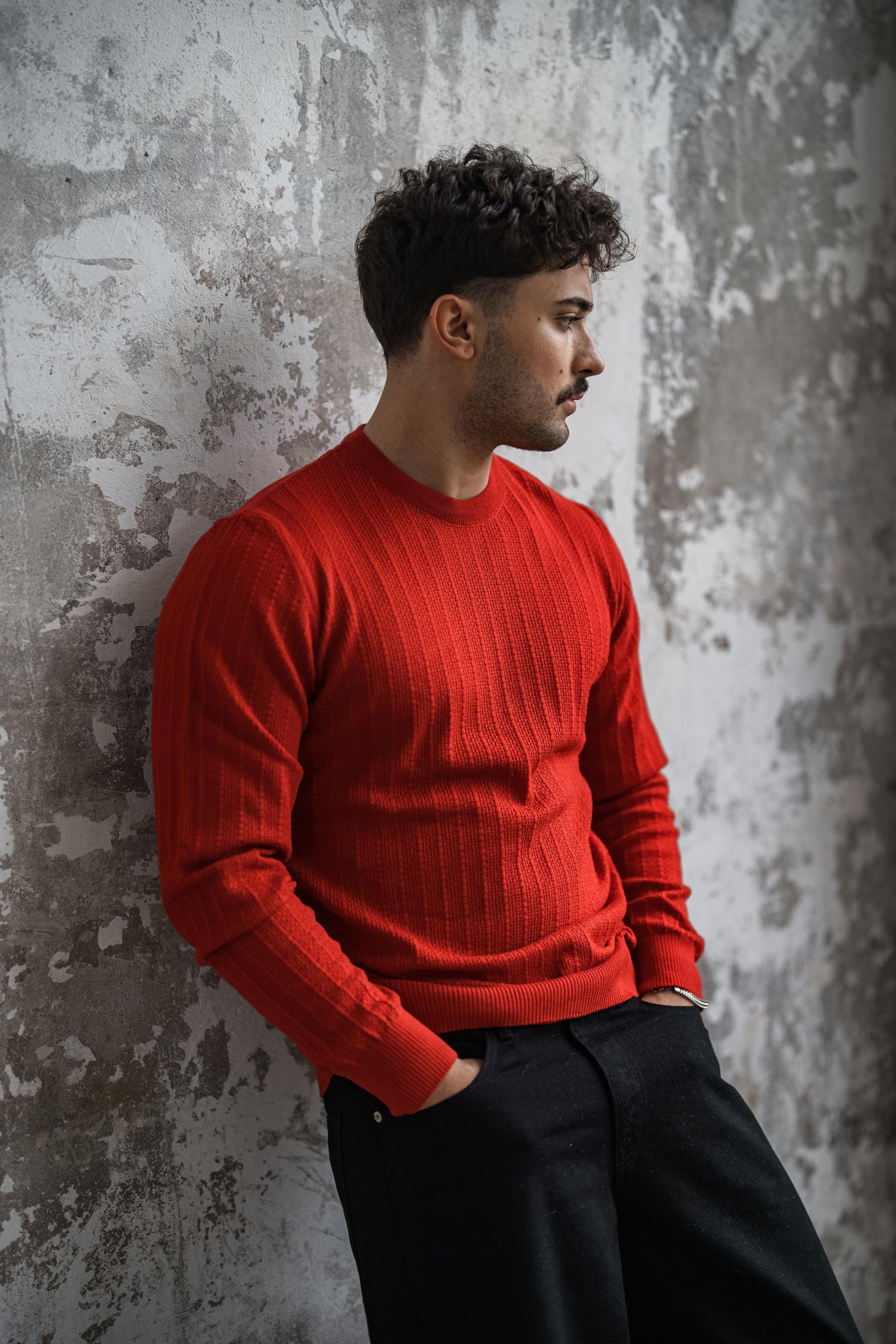 İşlemeli Basic Triko Kazak Kırmızı