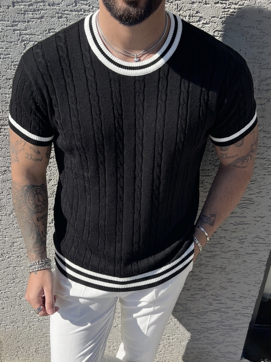 İşlemeli Renk Detay Triko Tshirt Siyah