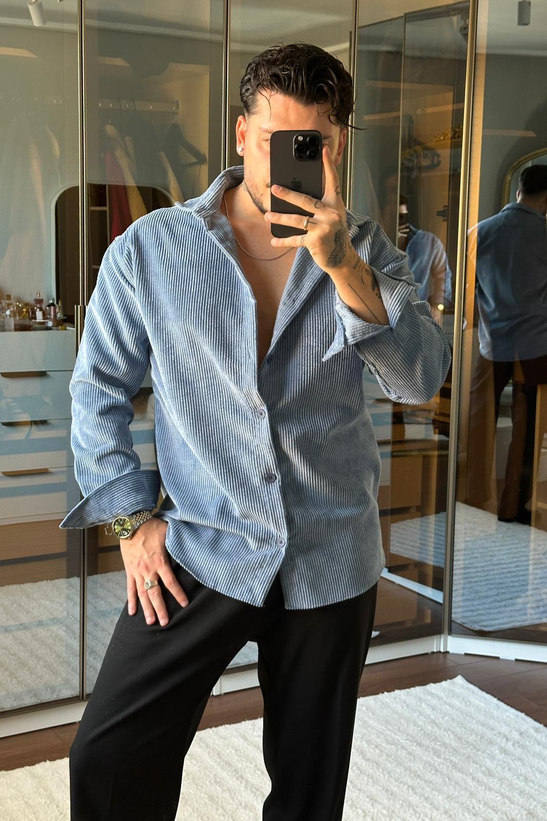 Kadife Oversize Gömlek İndigo