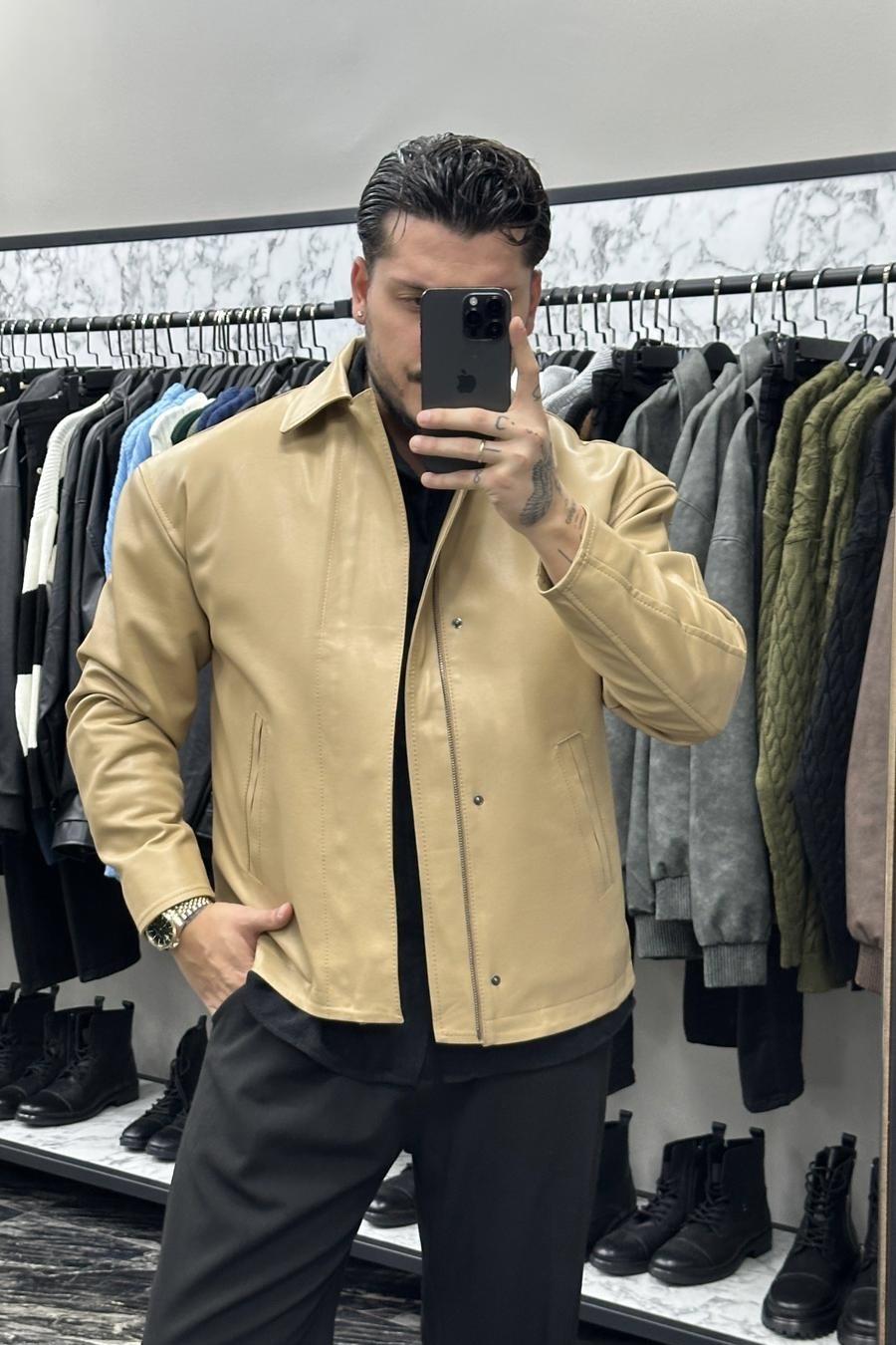 Kapamalı İçi Kapitone Deri Ceket Camel