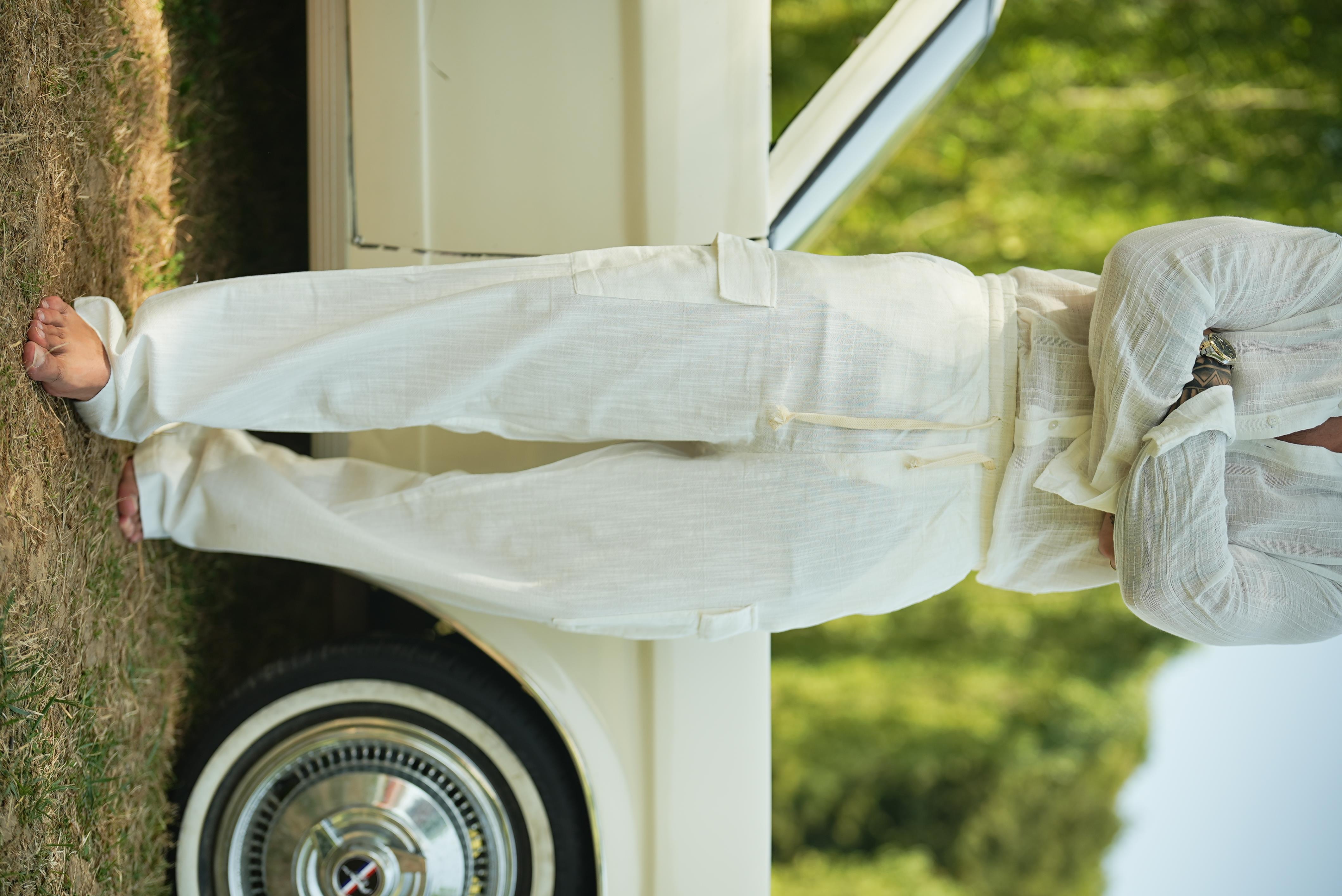 Kargo Cep Keten Bol Pantolon Beyaz