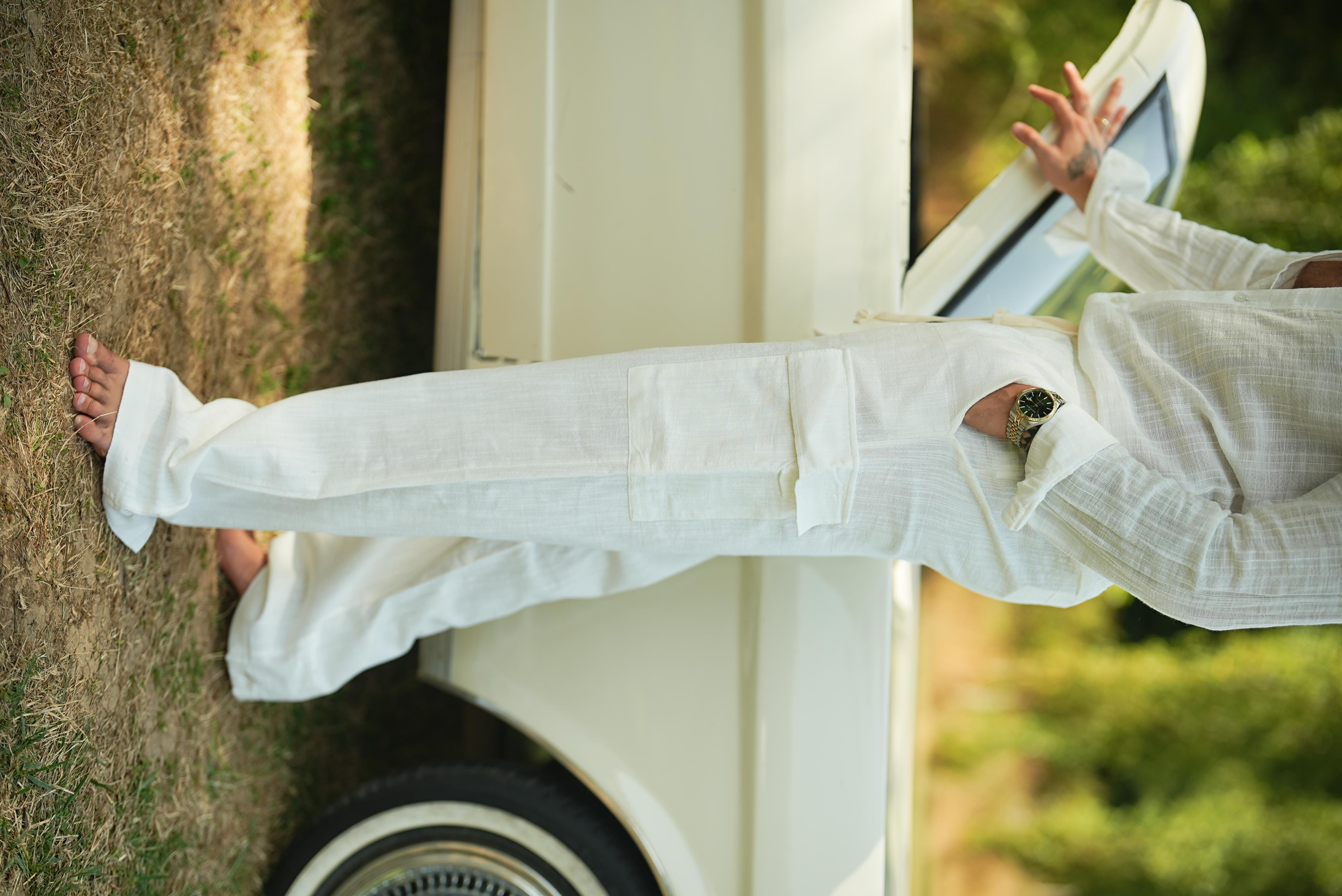 Kargo Cep Keten Bol Pantolon Beyaz