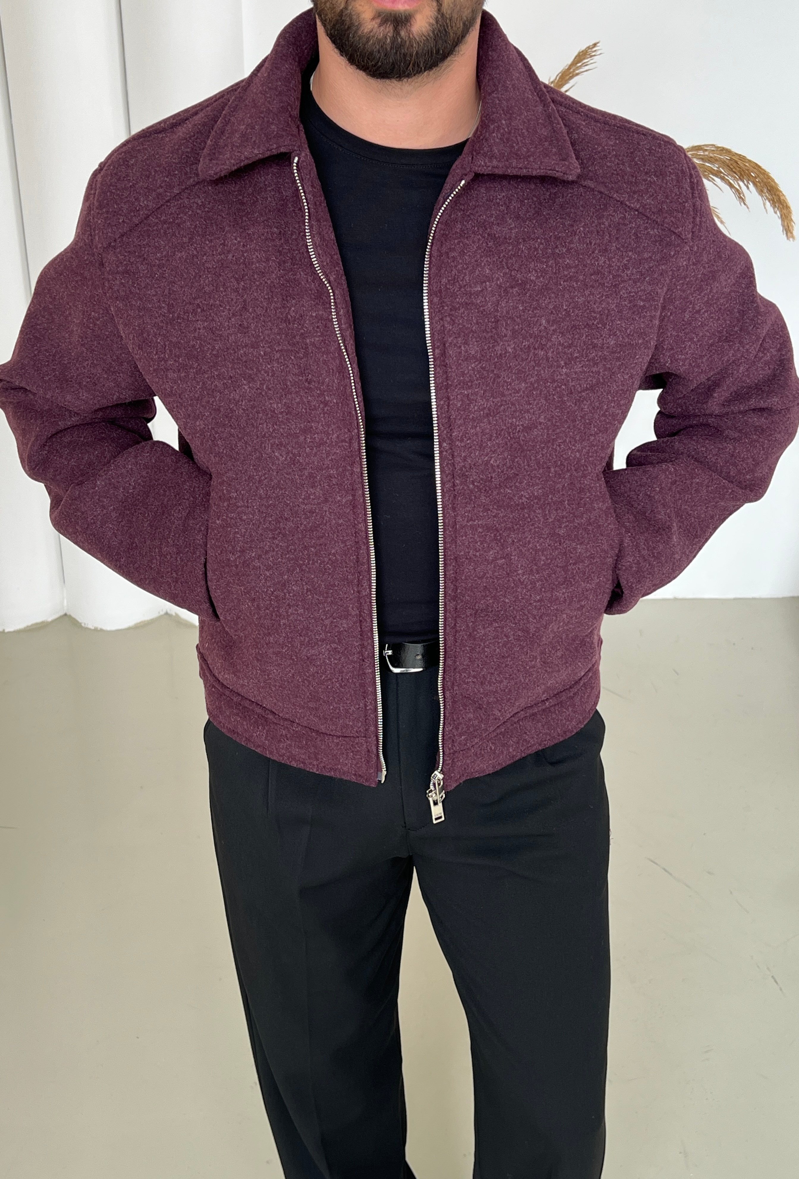 Kaşe Basic Bol Ceket Bordo