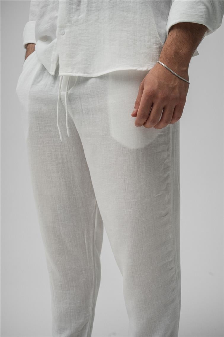 Keten Basic Boyfriend Pantolon Beyaz