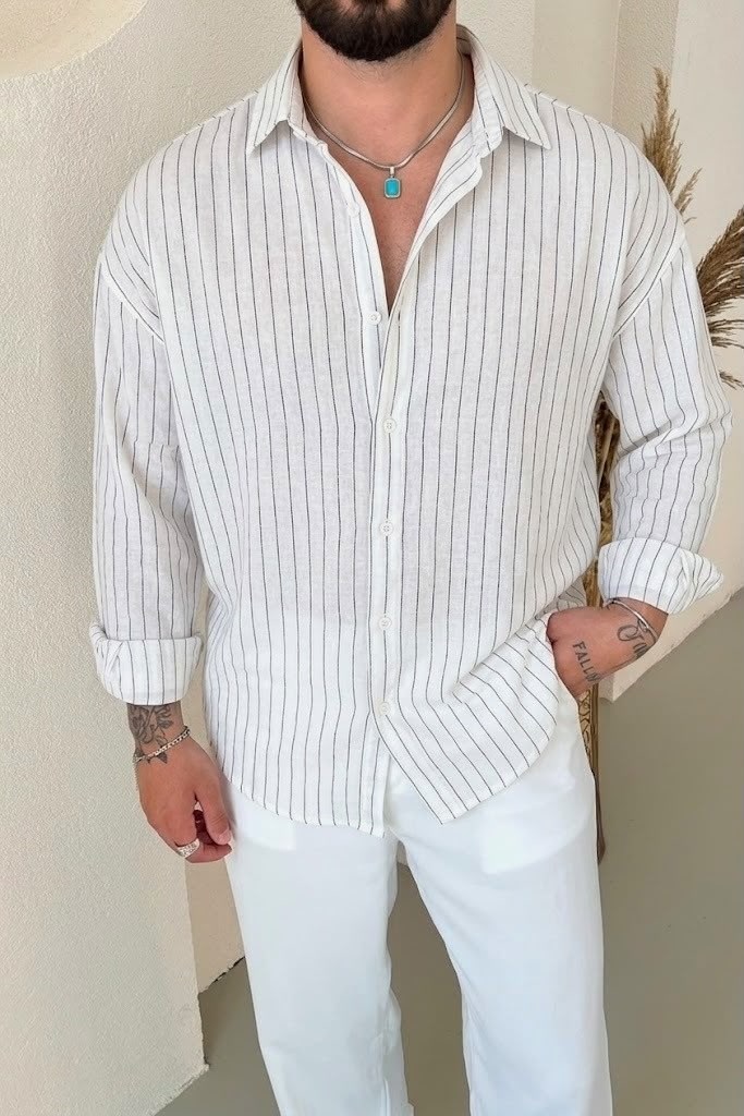 Keten Çizgili Oversize Gömlek Beyaz
