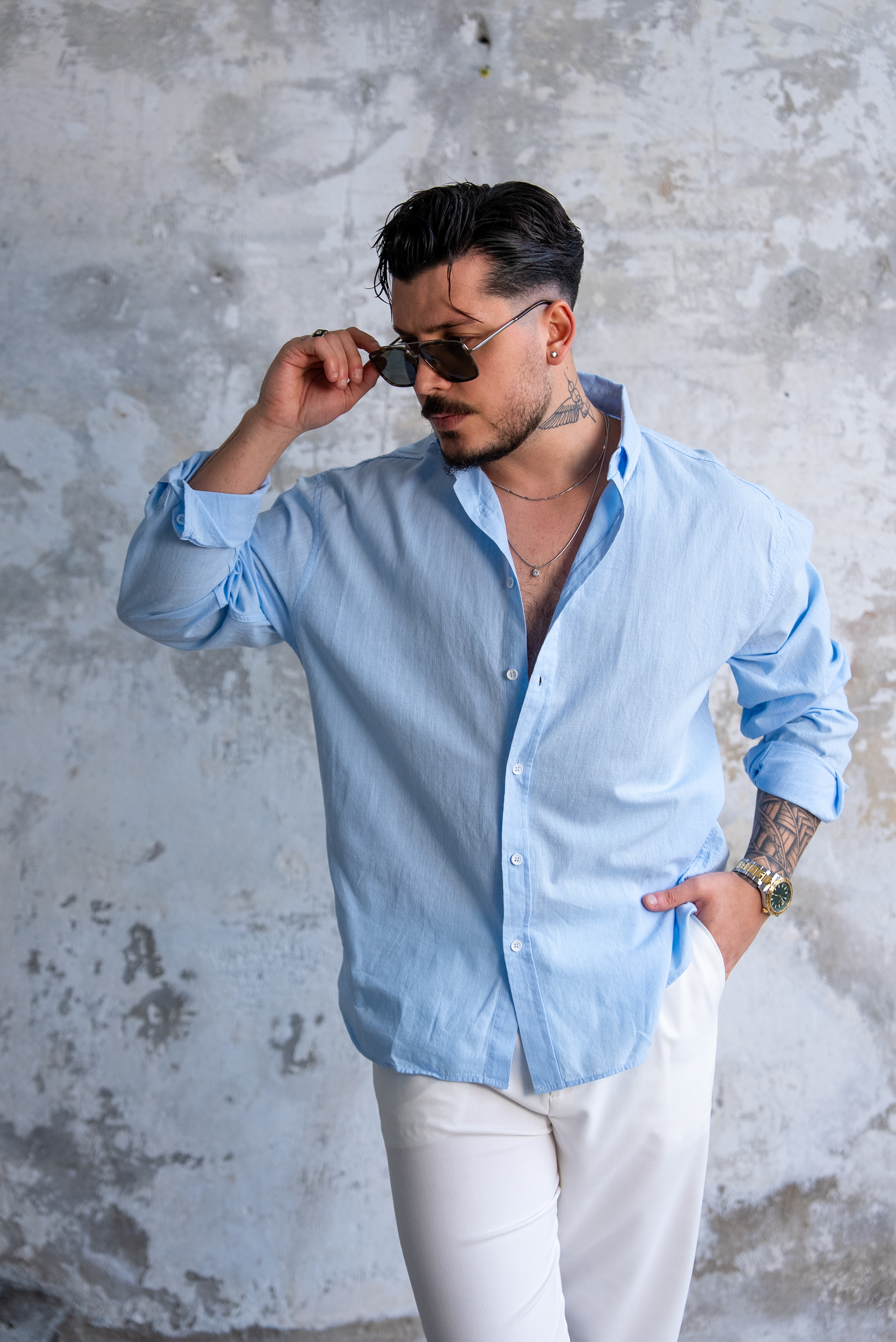 Keten Düğmeli Oversize Gömlek Bebe Mavisi