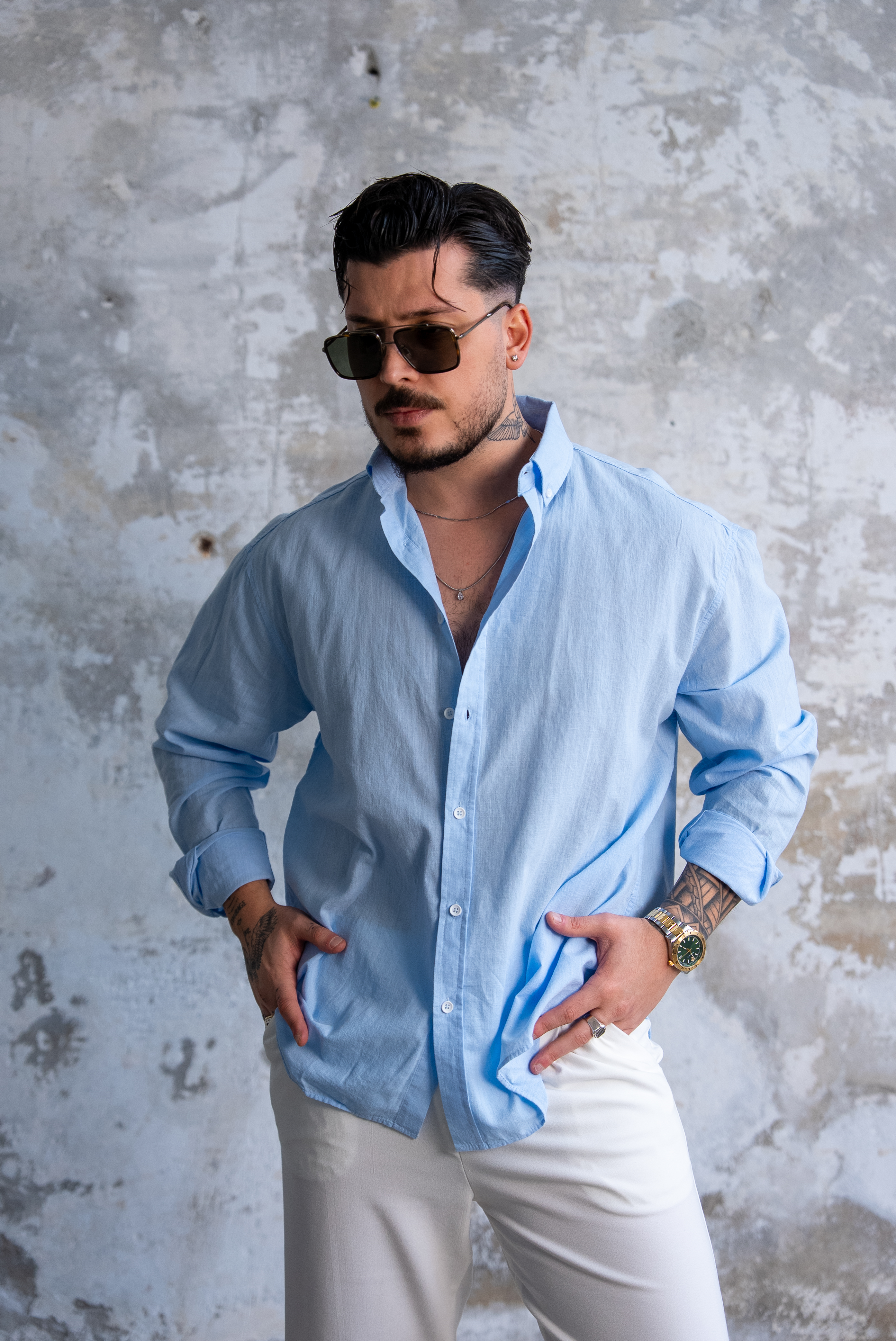 Keten Düğmeli Oversize Gömlek Bebe Mavisi