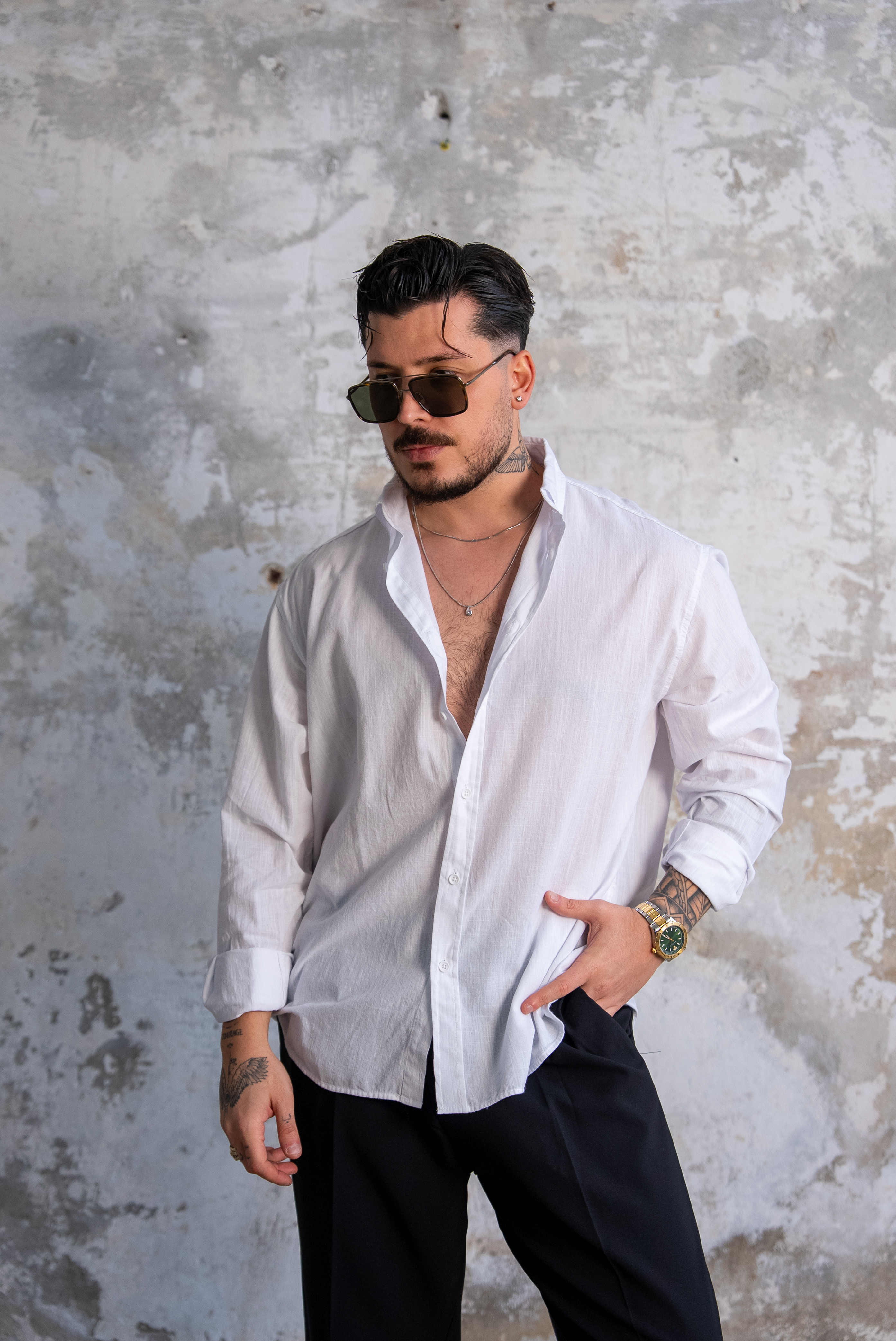 Keten Düğmeli Oversize Gömlek Beyaz