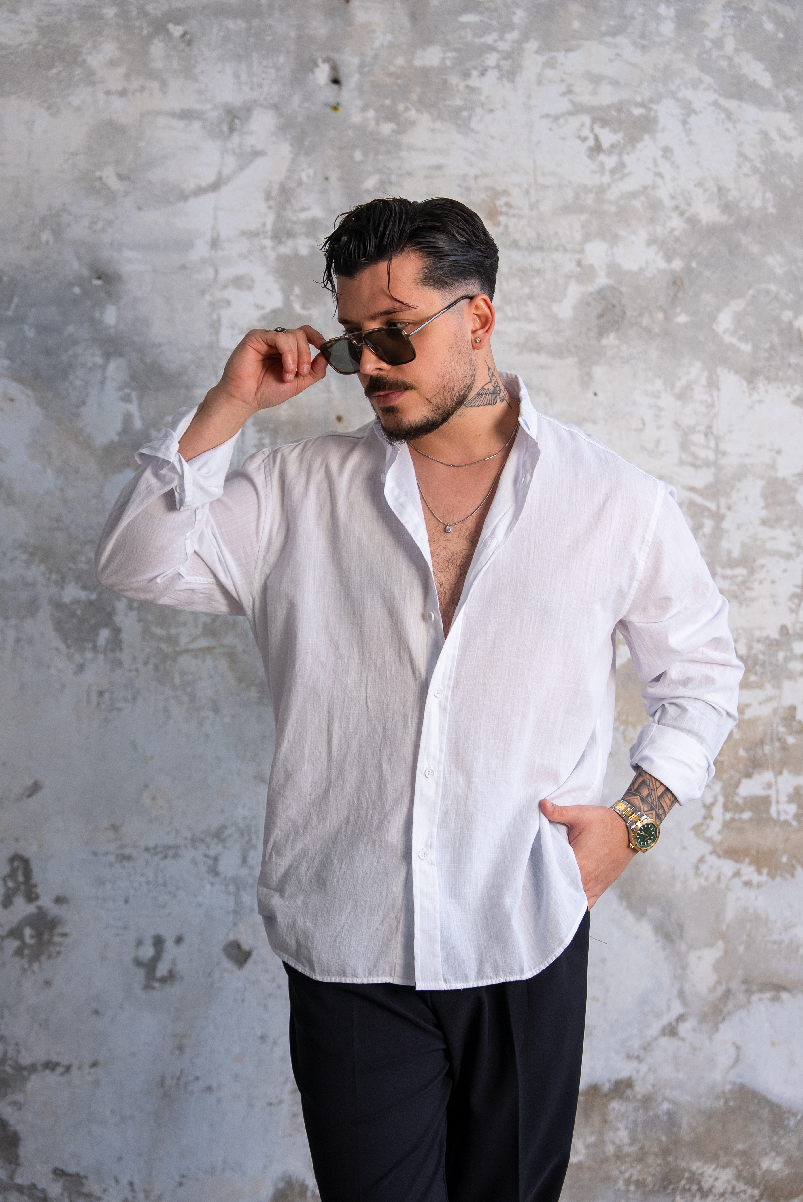 Keten Düğmeli Oversize Gömlek Beyaz