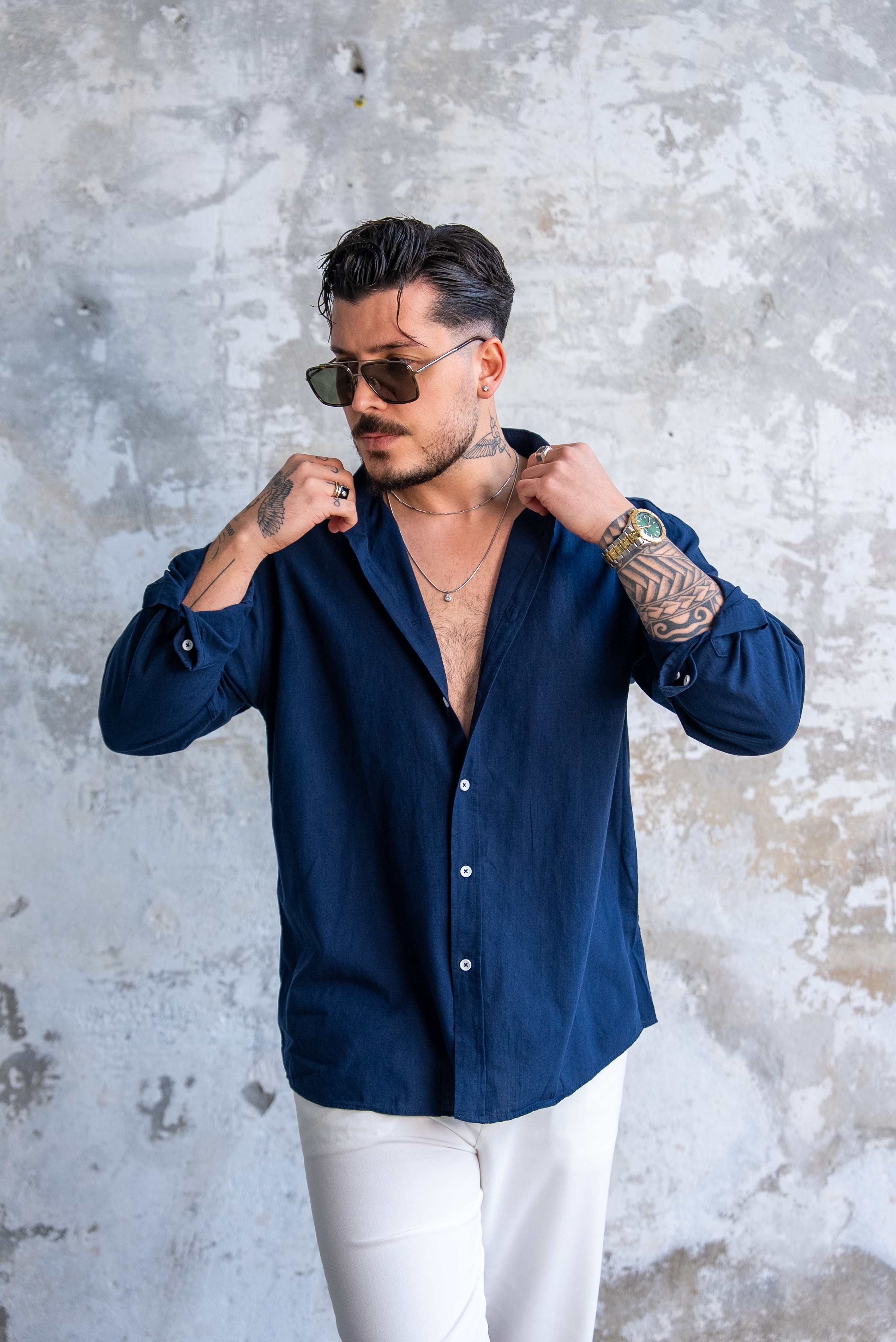 Keten Düğmeli Oversize Gömlek Lacivert