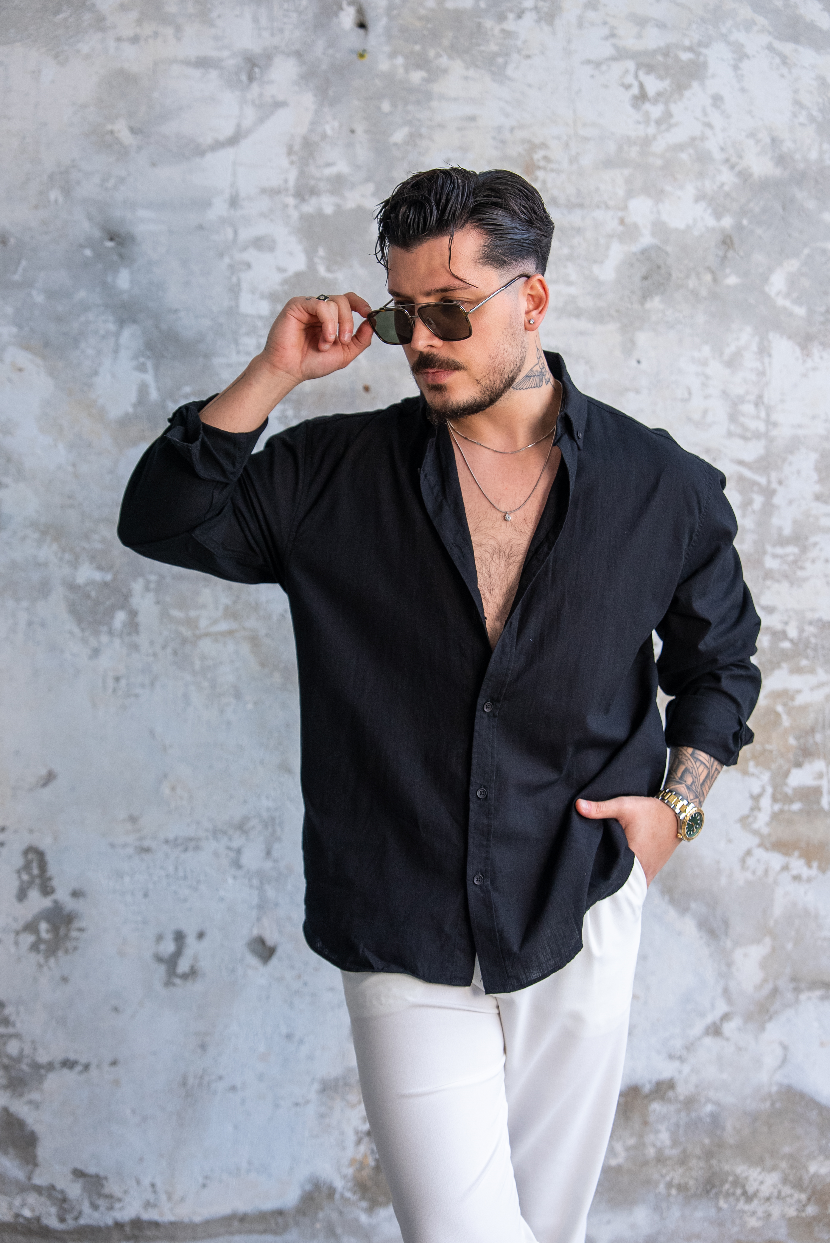 Keten Düğmeli Oversize Gömlek Siyah