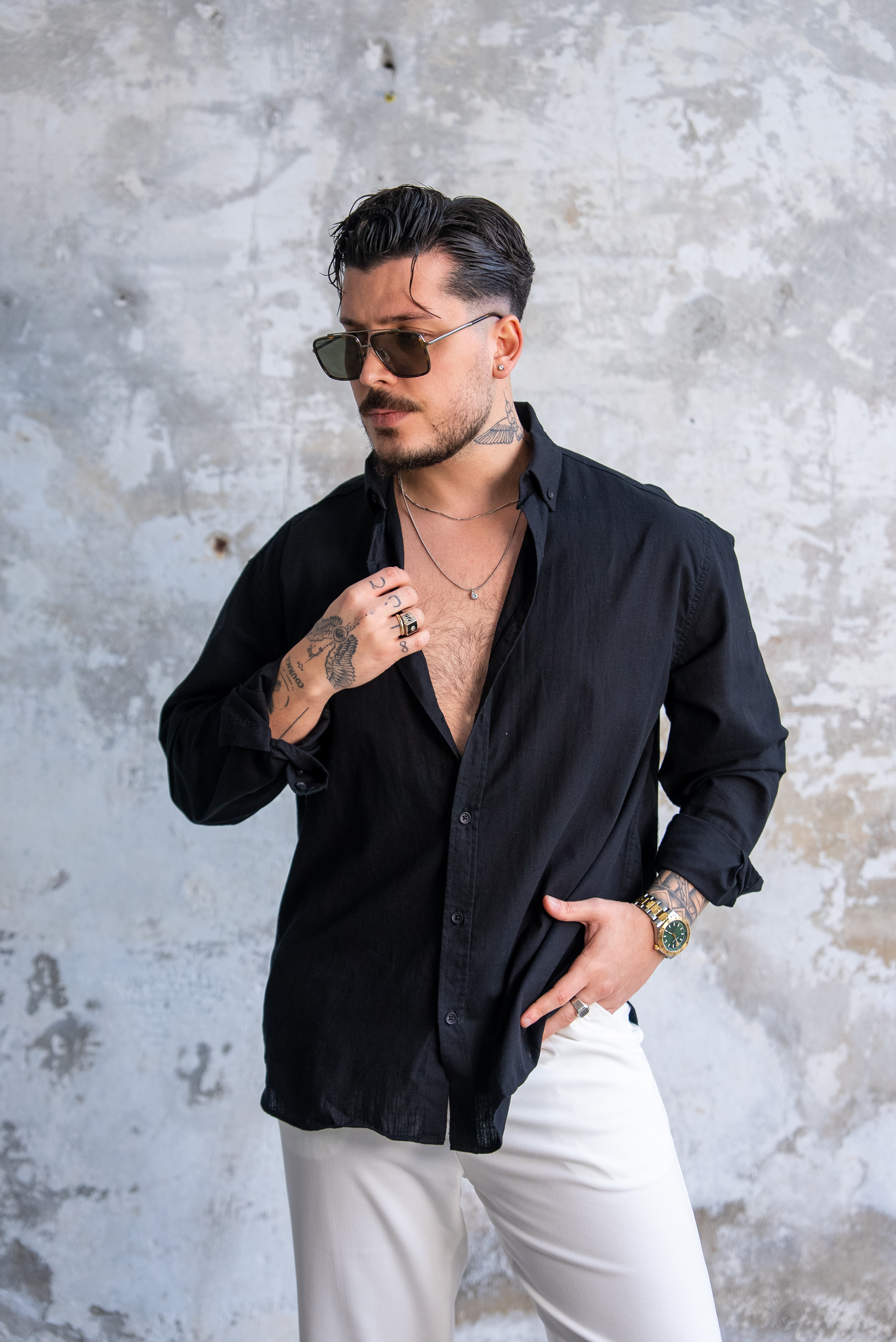 Keten Düğmeli Oversize Gömlek Siyah