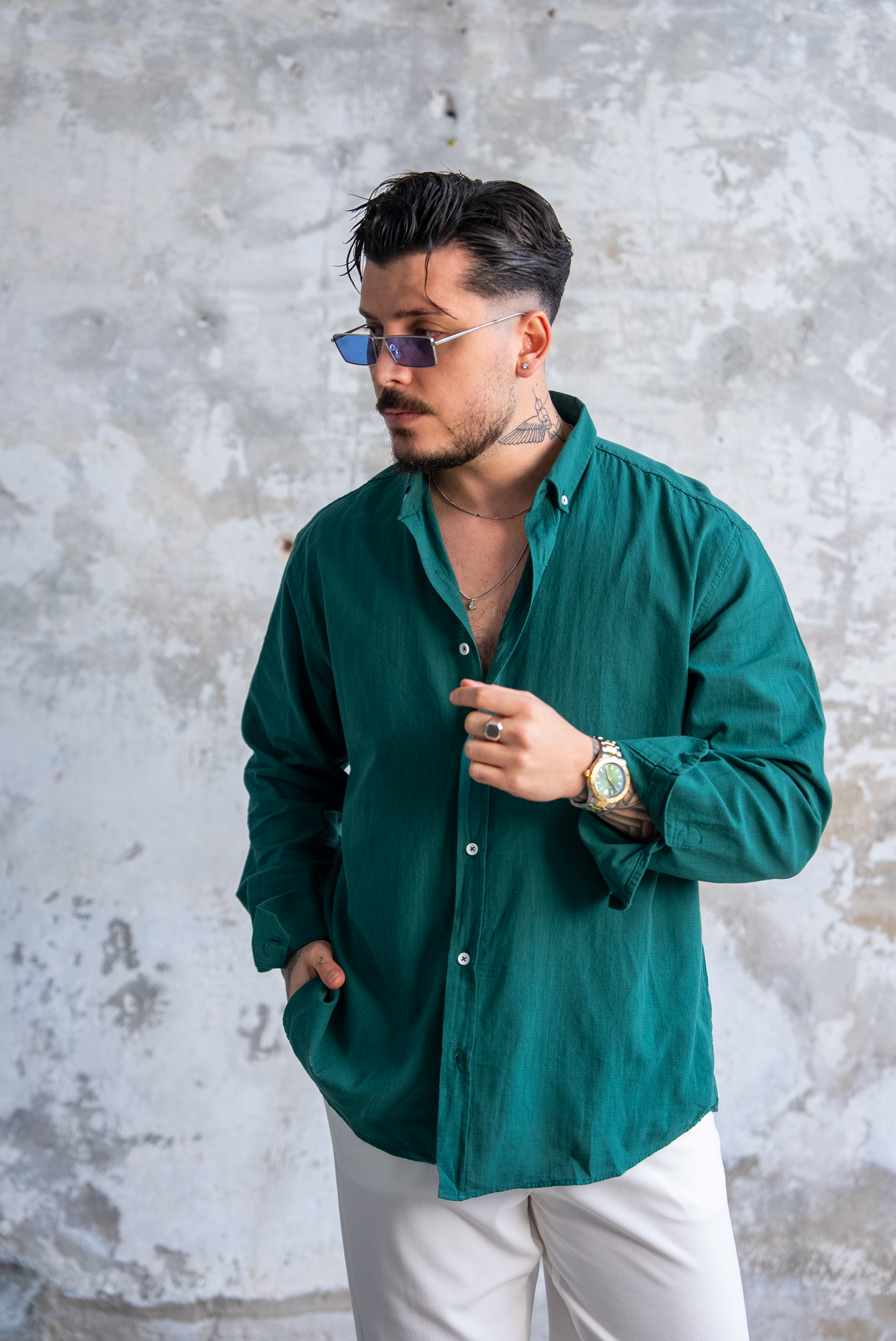 Keten Düğmeli Oversize Gömlek Zümrüt Yeşili